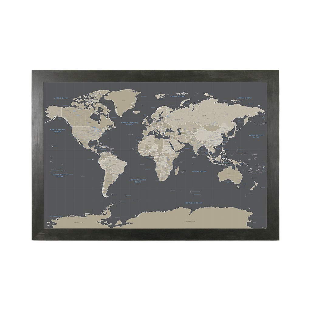 Push Pin Travel Maps - Earth Toned World - Rustic Black Framed Pin Map For Tracking Your Travels - 27.5'' X 39.5'' - 8 Handcraft