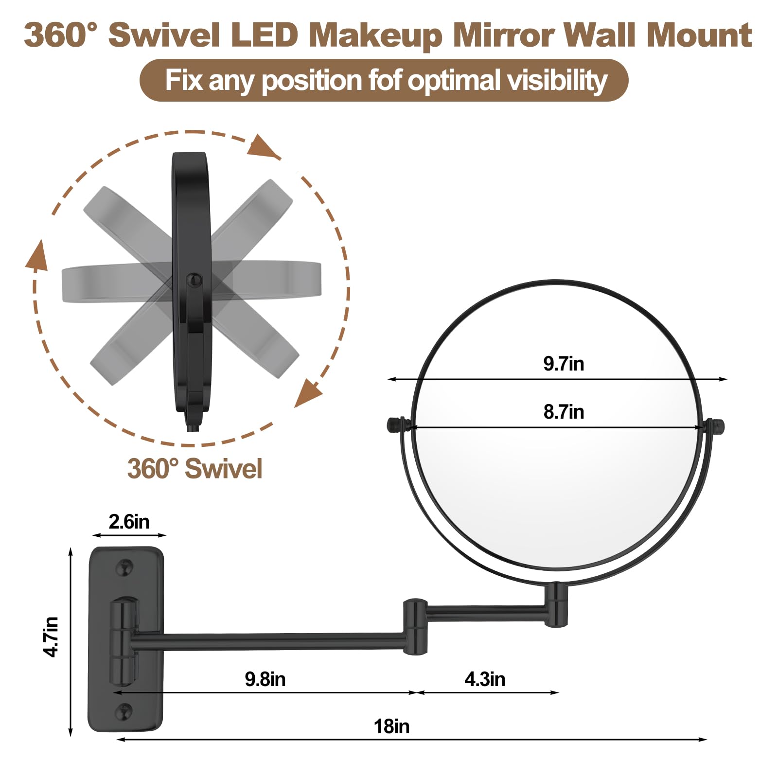 8    Wall Mounted Makeup Mirror with10X Magnification, Double Sided Shaving Mirror Wall Mount for Bathroom, 360 Swivel Extendabl