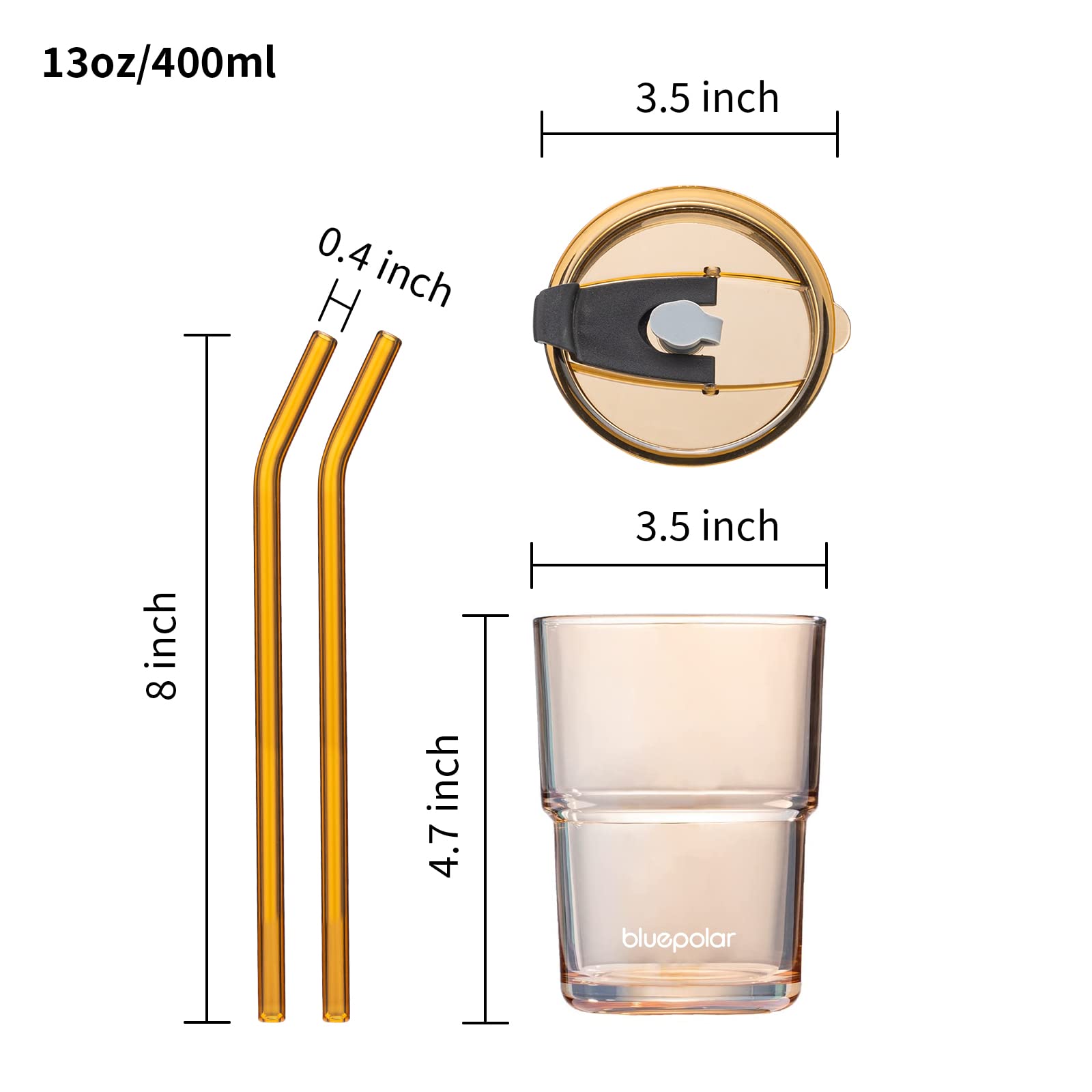 Bluepolar 13Oz/400Ml Glass Water Tumbler With Straw And Lid Sealed Carry On Thick Wall Iced Coffee Cup Glass Cup For Water, Iced