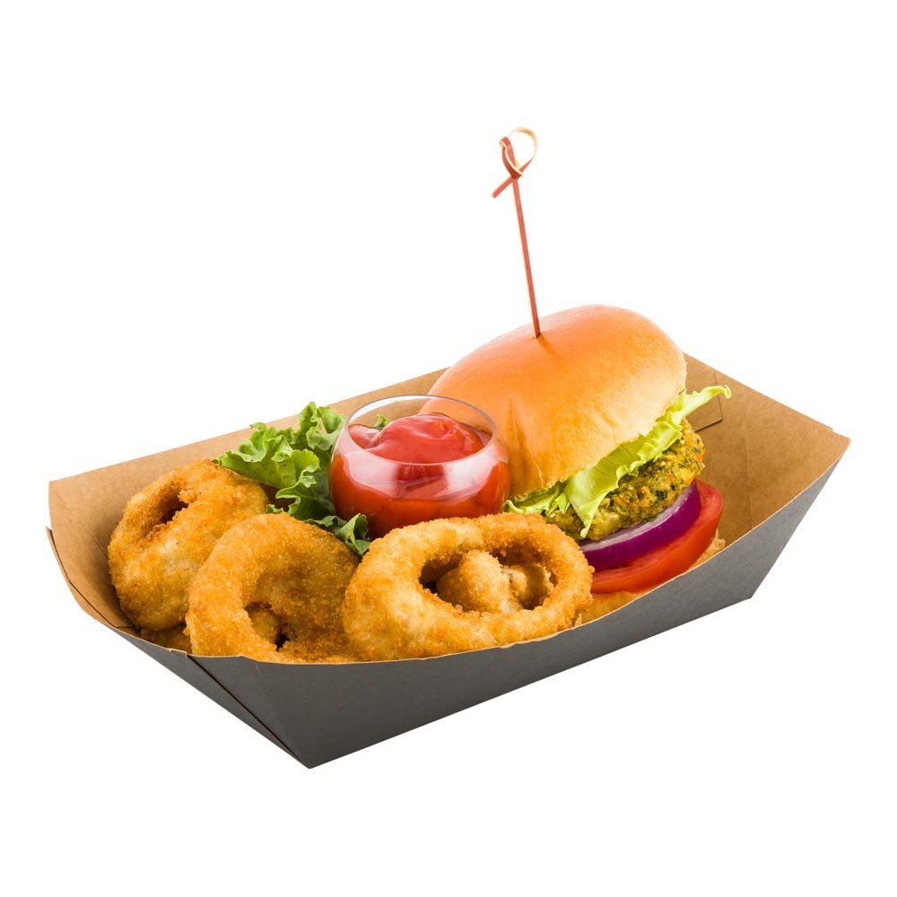 Restaurantware Bio Tek 2-pound Food Boats 200 Disposable Paper Food Trays - Heavy-Duty Greaseproof Black Paper Food Boats For Sn