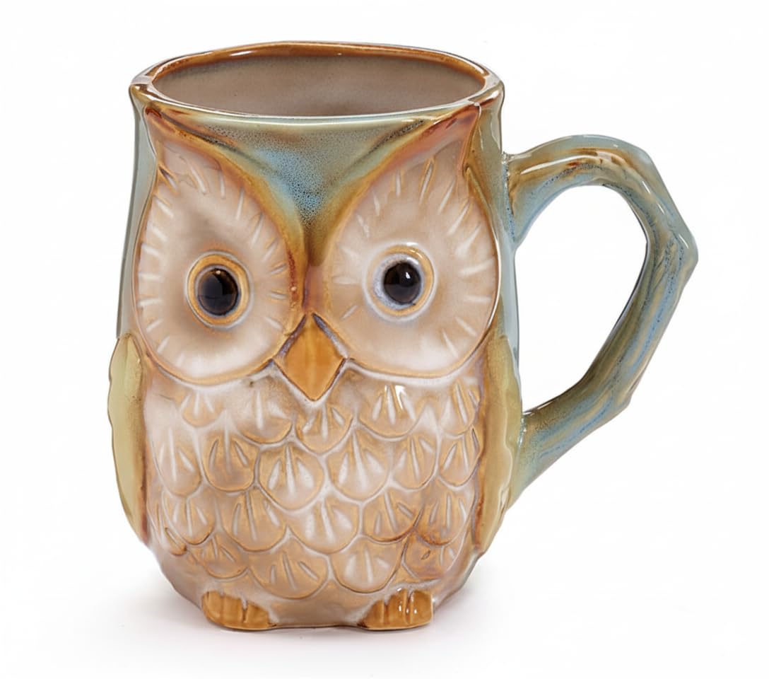 burton + BURTON Blue/Green Wise Owl Mug, 12oz Textured Porcelain Coffee Cup  Cute Animal Gift for Owl Lovers