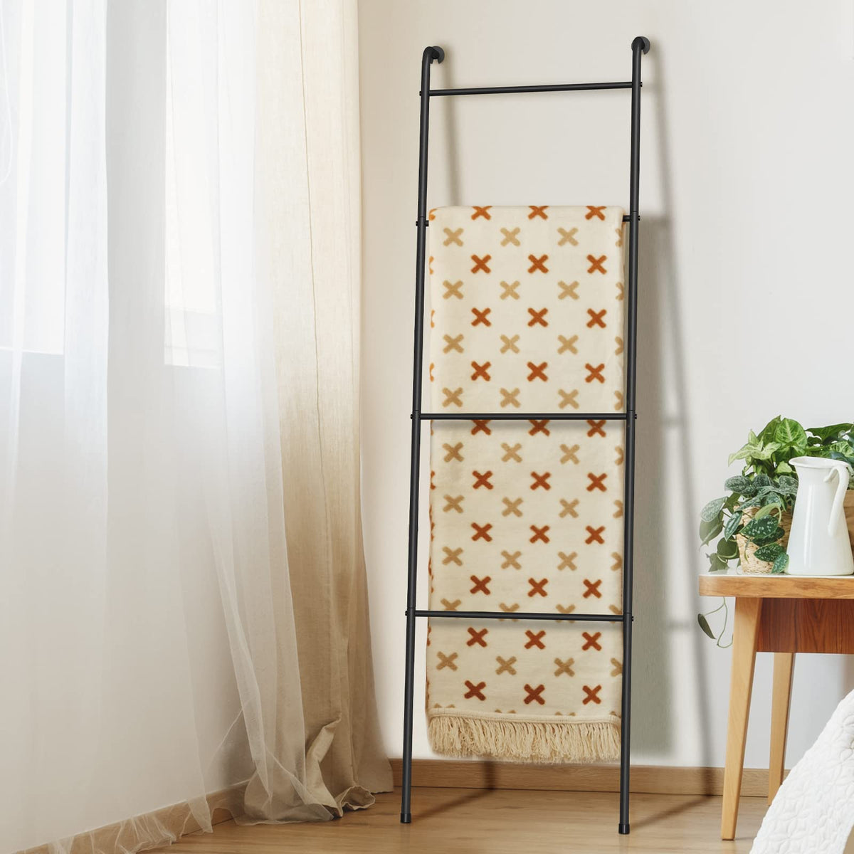 Abq Blanket Ladder Outdoor Towel Rack For Pool, Decorative Metal Holder For The Living Room Bathroom, Black