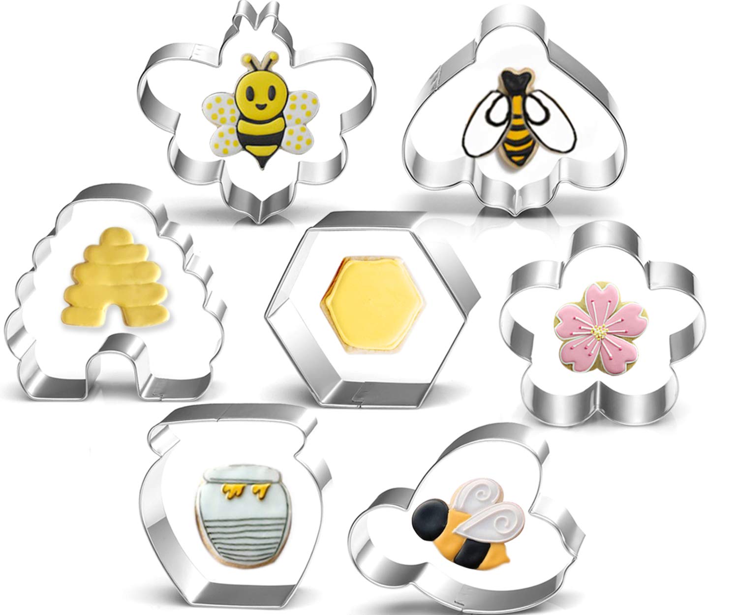 Lubtosmn Bee Cookie Cutters Set-3 Inches-7 Piece-Bee, Beehive, Flower, Honeycomb And Honey Jar Stainless Steel Cookie Biscuit Co