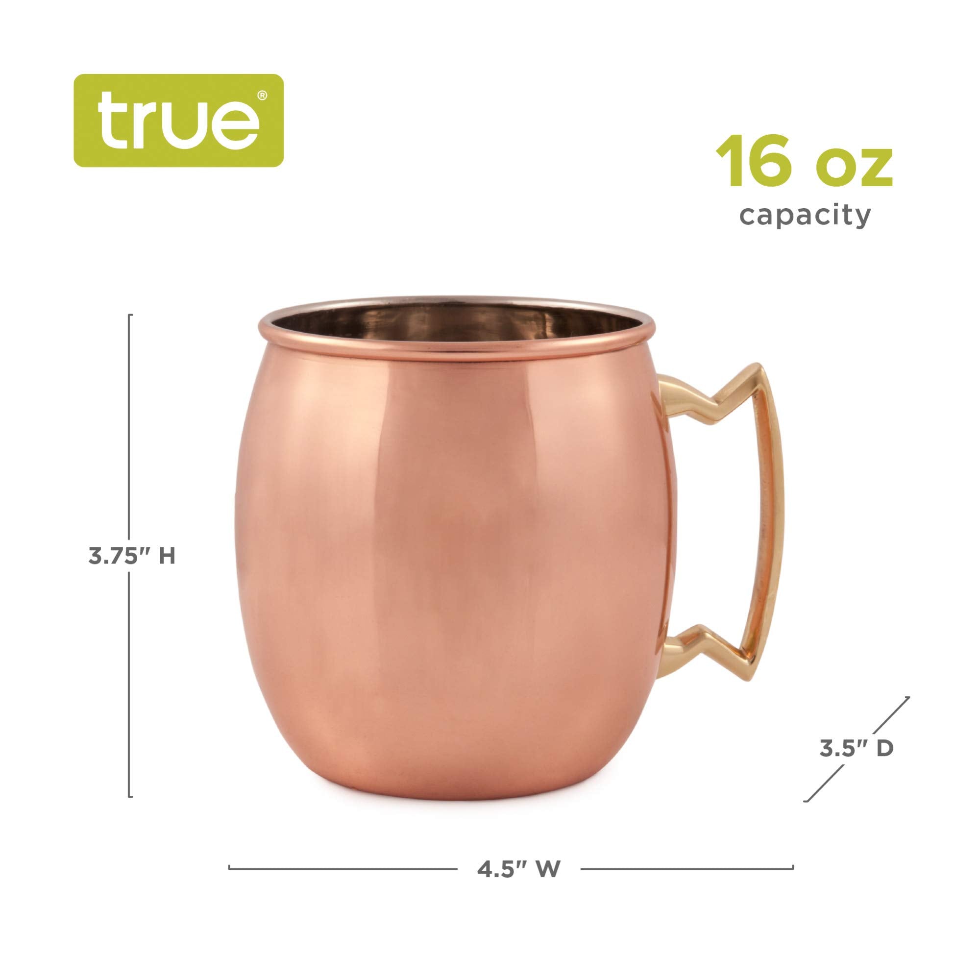 True Moscow Mule Mug, Stainless Steel, Copper Cups For Moscow Mules, Copper Bar Cart Accessories, 16 Oz, Set Of 1