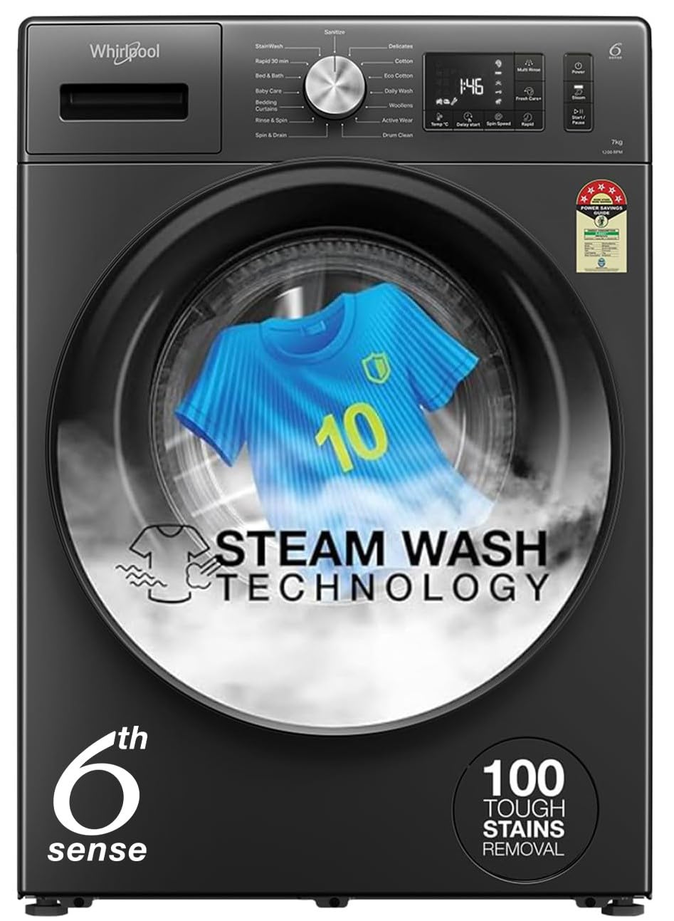 Whirlpool 7 Kg 5 Star Inverter Front Load Washing Machine With InBuilt Heater (Supreme Care 7012 E, Midnight Grey, 100+ Tough 