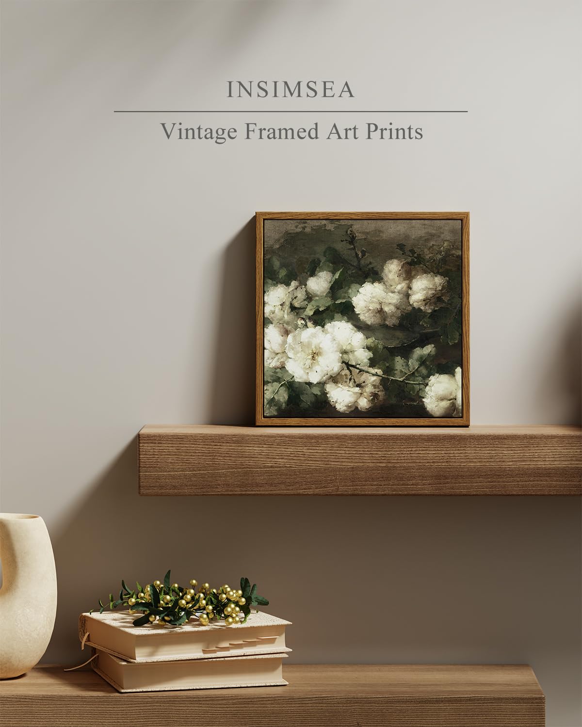 Insimsea Square Framed Canvas Wall Art, Vintage Floral Rustic Roses Flower Wall Art For Living Room, Canvas Flowers Wall Art Pri