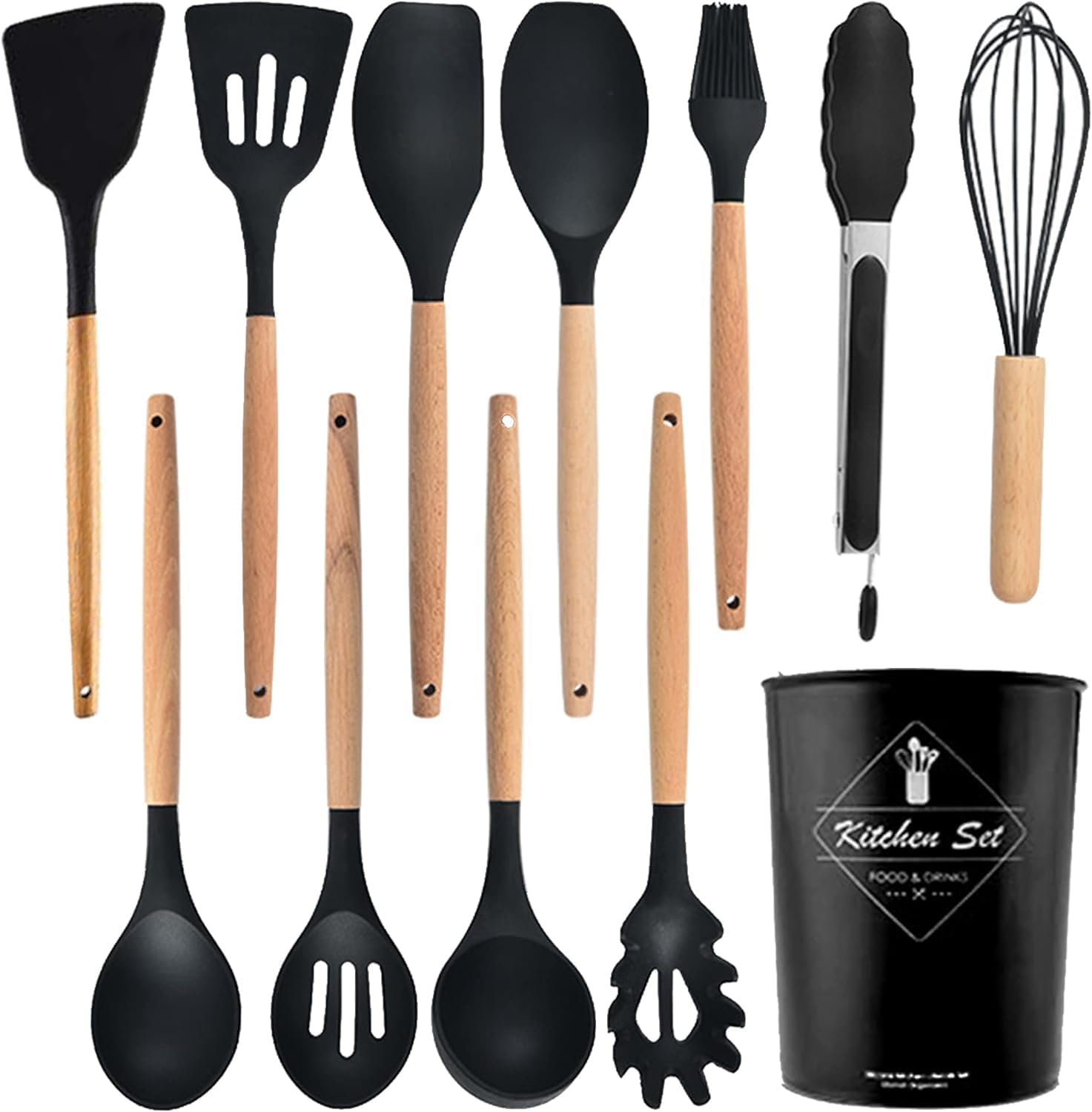 Silicone Kitchen Utensil 12 Pcs Set With Wooden Handles, Cooking Tools With Spatula, Ladle, Slotted Spoon, Pasta Server, Whisk, 