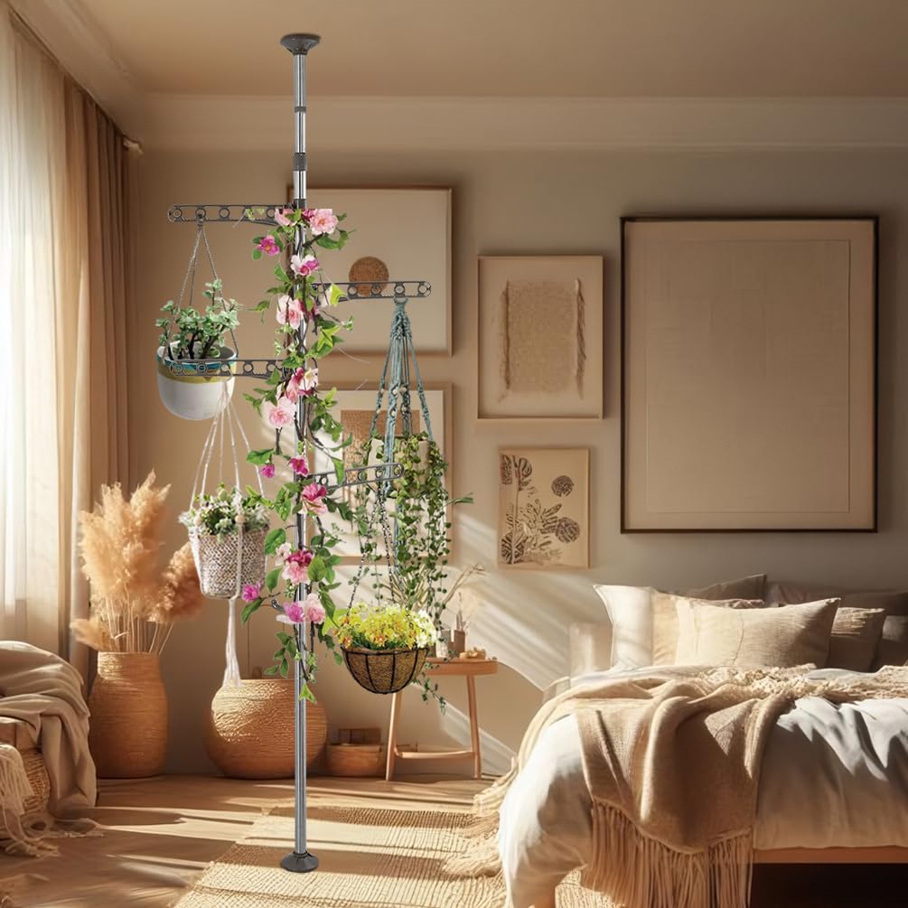 Baoyouni 4-Tier Standing Clothes Laundry Drying Rack Coat Hanger Organizer Floor To Ceiling Adjustable Metal Corner Tension Pole