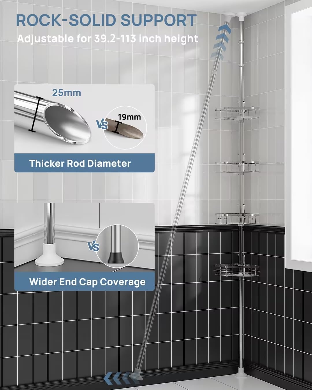 Seirione Rustproof Shower Corner Caddy Organizer For Bathroom, 4 Adjustable Shelves With Tension Pole, For Bathtub Shampoo Acces