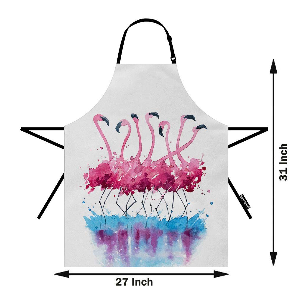 Moslion Flamingo Apron 31x27 Inch Tropical Love Birds Feather Romance Brushstroke Splash Watercolor Kitchen Chef Waitress Cook Aprons Bib with Adjustable Neck for Women Men Girls