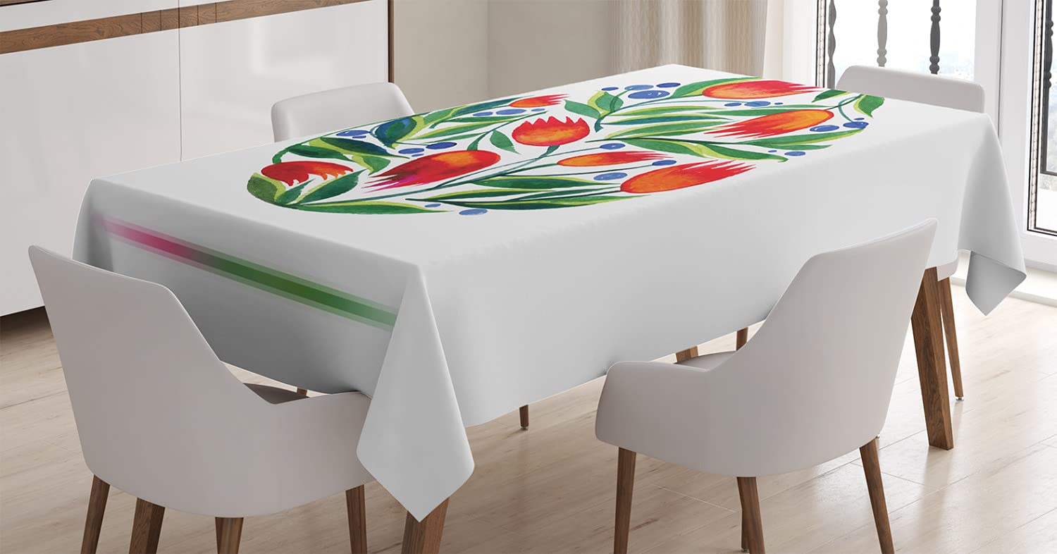 Ambesonne Watercolor Flower Tablecloth, Easter Egg Tulip Flowers Paint In Retro Style Nostalgic Pastel Color, Rectangular Table