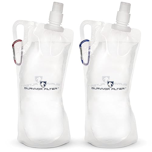 Survivor Filter Clear Collapsible Water Bottle Canteens - Travel Water Bottle - Includes Carabiners - Use with Our Straw Filter or as Foldable Water Bottles - BPA Free - White - 2 x 32oz / 1 Liter