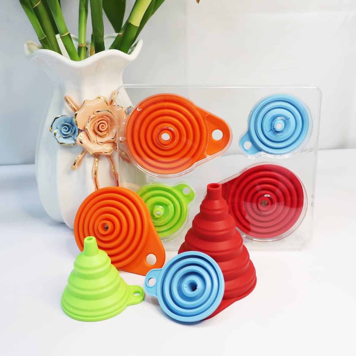 Kongnai Kitchen Funnel Set 4 Pack, Small And Large, Kitchen Gadgets Accessories Foldable Silicone Collapsible Funnels For Fillin
