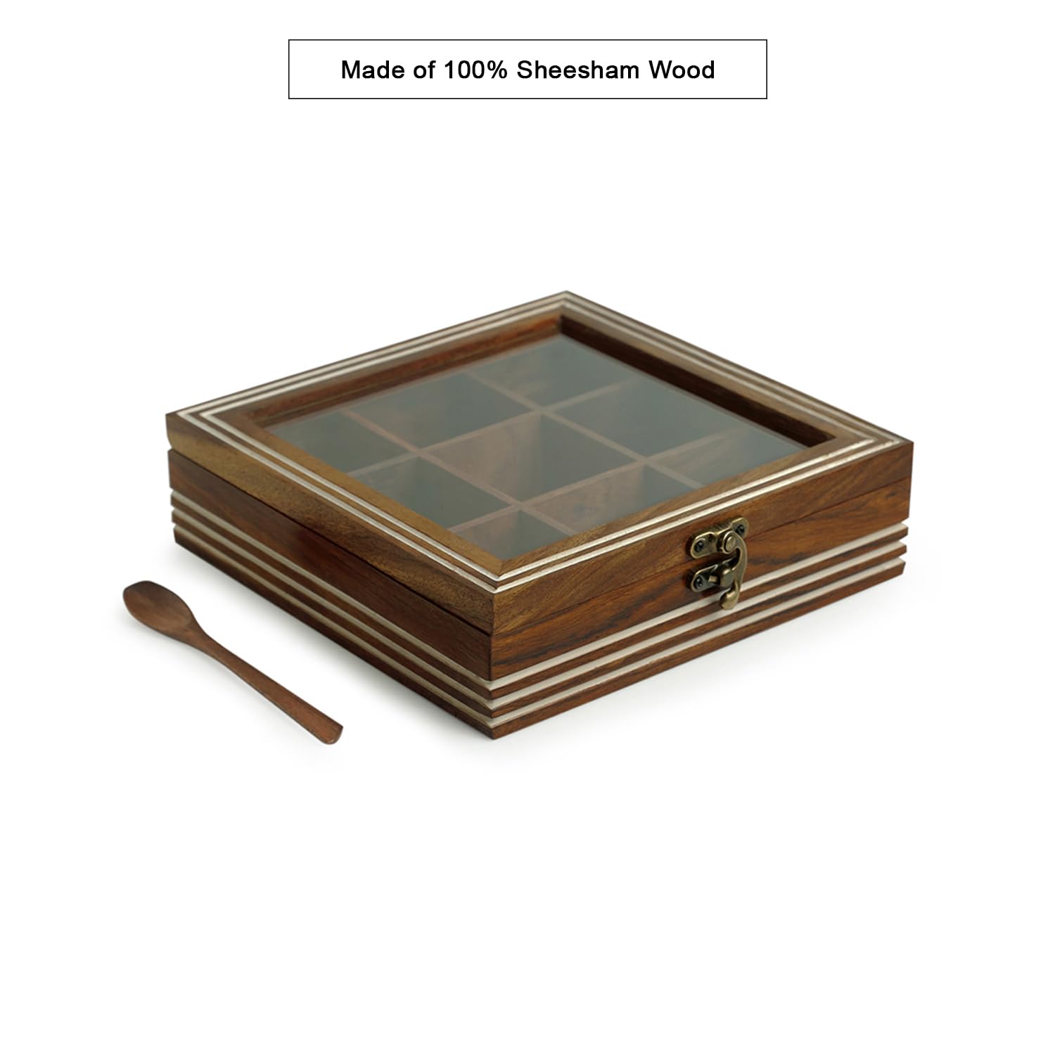 ExclusiveLane Wooden Spice Box | Masala Dabba with 9 Compartments | Size - 8x8x2 inches | Namak Daani with Spoon & See Through L