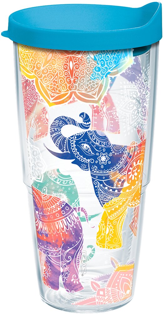 Tervis Mehndi Elephants Tumbler With Wrap And Turquoise Lid 24Oz, Clear