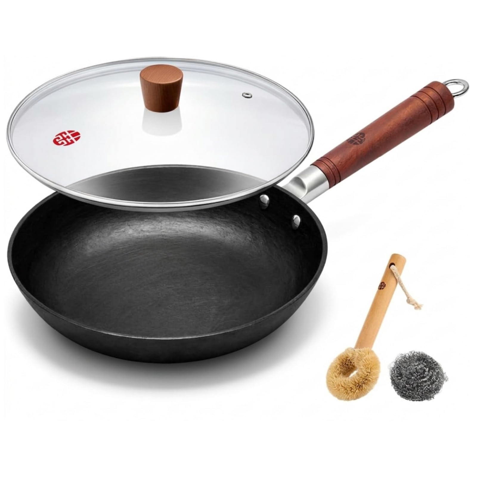 WANGYUANJI 11 Inch Cast Iron Skillet with Glass Lid, Uncoated Cast Iron Frying Pan for Steak, Eggs, Sauting,Flat Bottom Skille