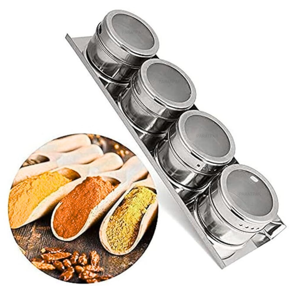 Paratpar Mall Stainless Steel Magnetic Spice Jar Containers For Kitchen Seasoning Masala Storage Container Spice Rack Tins Stand