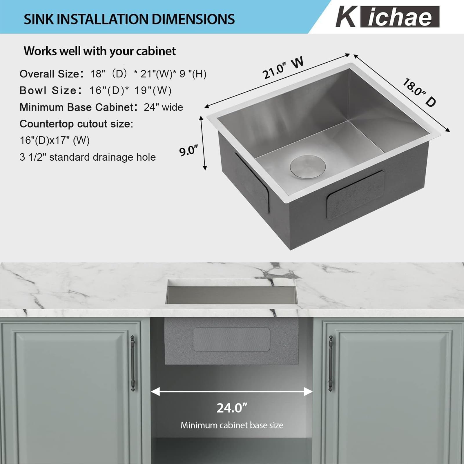 Kichae 21 Inch Kitchen Bar Sink Undermount Single Bowl Stainless Steel 16 Gauge Handmade Modern Under Counter Handmade Wet Bar R