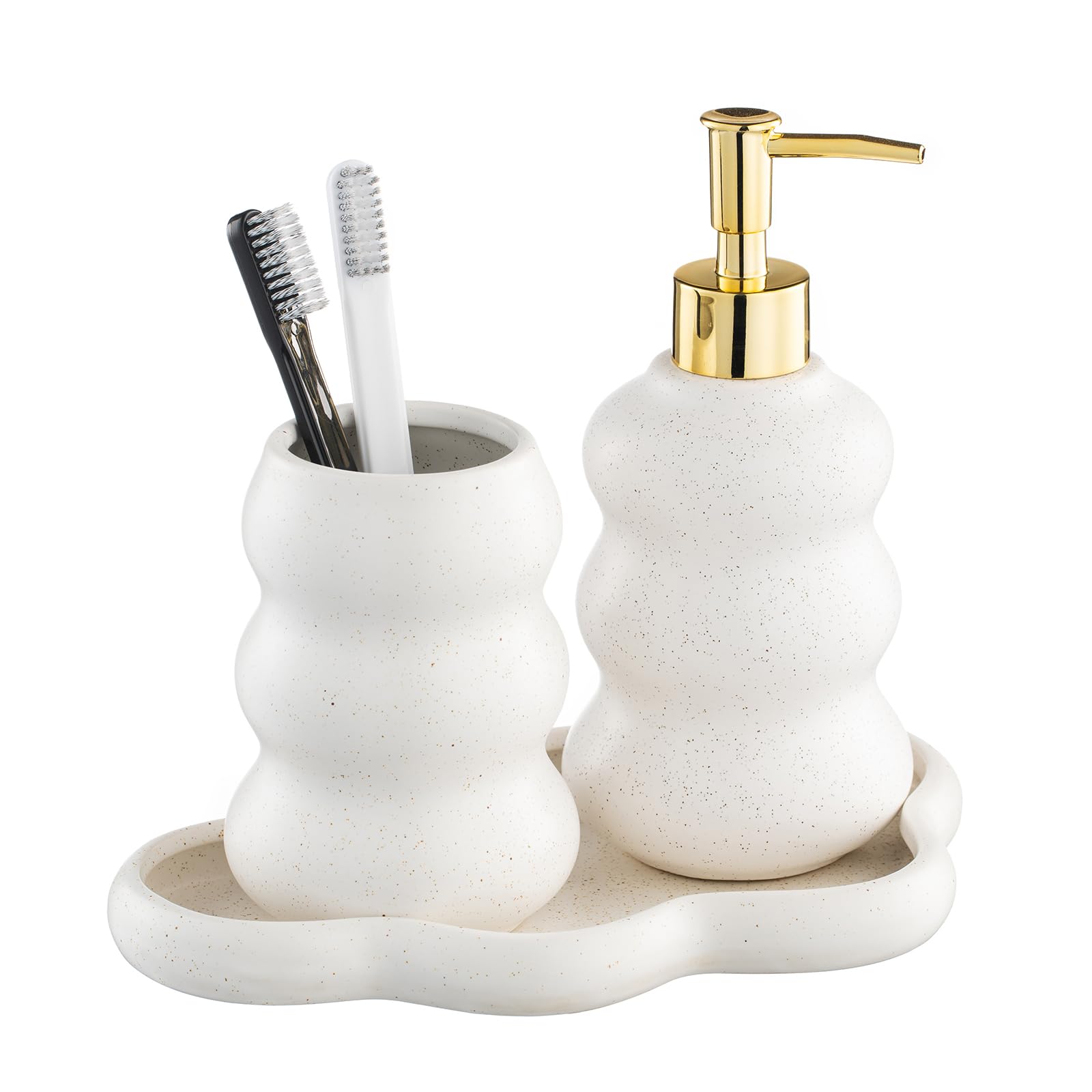 3-Piece Ceramic Bathroom Accessories Set With Sand Point Glaze Design - Tray, Lotion Dispenser, And Tumbler - Bring Nature To Yo