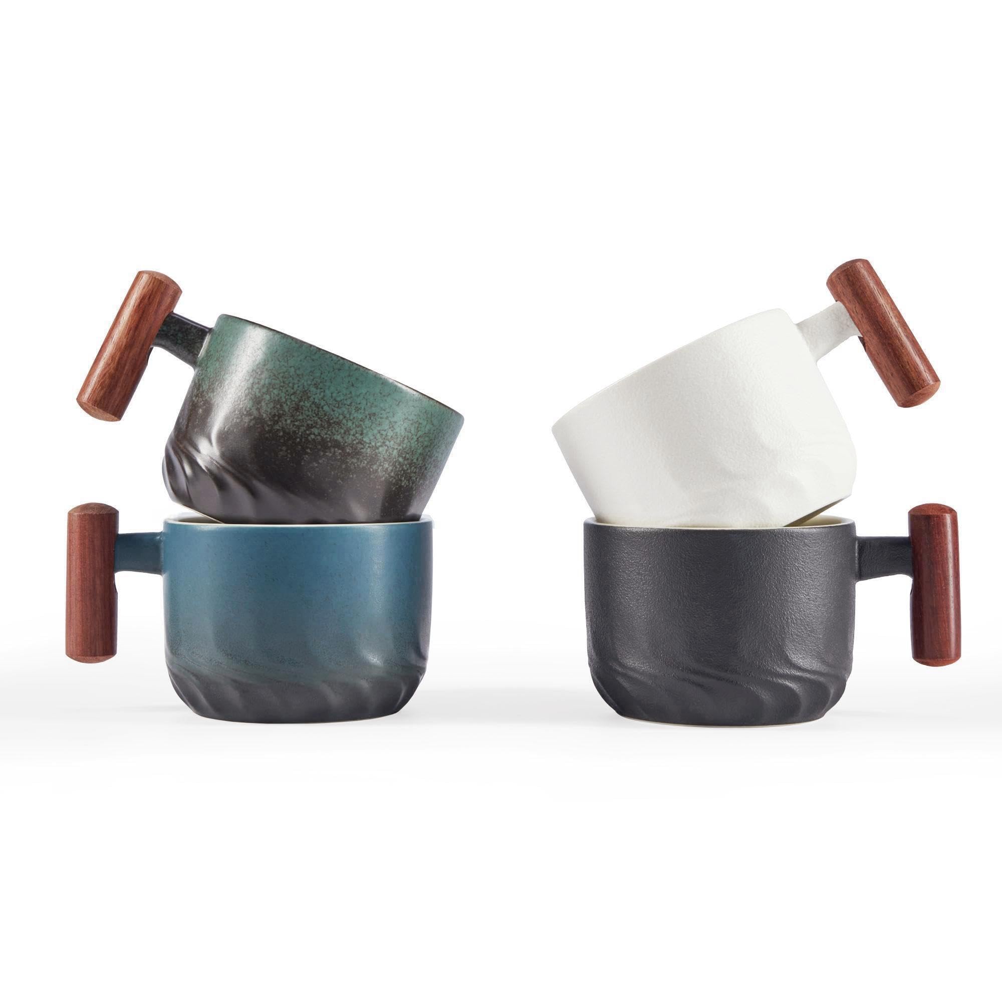 CLASGLAZ 6 Oz Ceramic Espresso Mugs with Wooden Handle, Demitasse Cups for Double Shot Latte Cappuccino Lungo Tea Bag Beverage, 