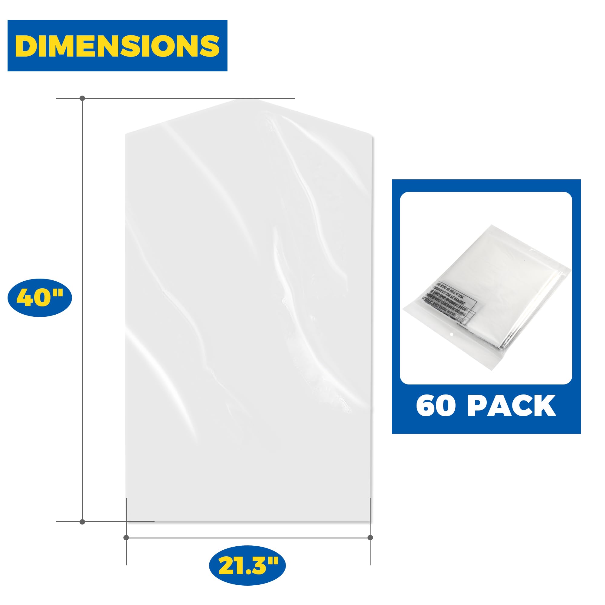 60-Pack Dry Cleaning Bags For Clothes 40-Inch Long - Clear Plastic Garment Bags For Hanging Clothes, Dry Cleaner Plastic Clothin