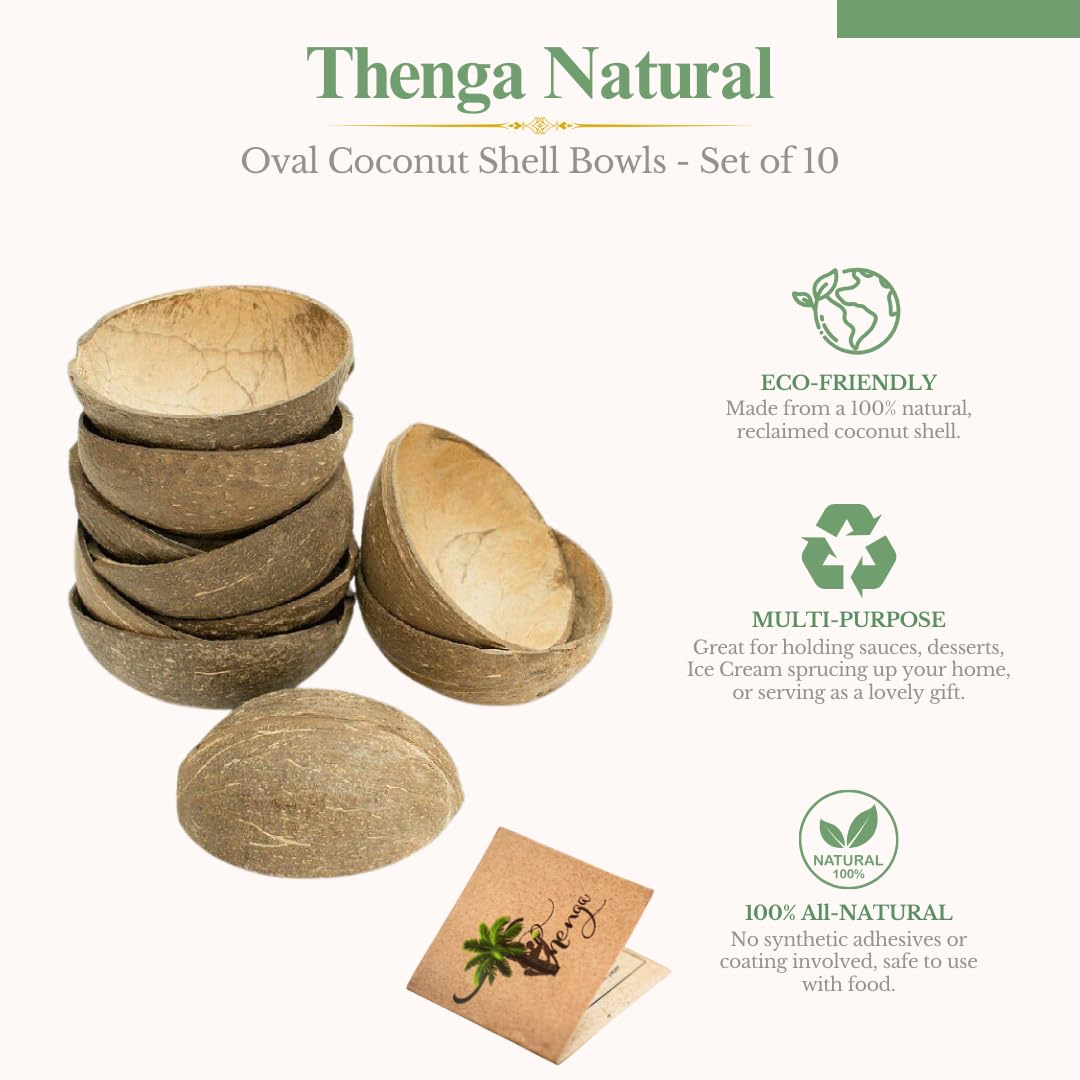 Thenga Natural Oval Coconut Shell Bowls - Set Of 10, 150 Ml, Perfect For Ice Cream, Snacks, Fruits, Salads | Parties & Catering