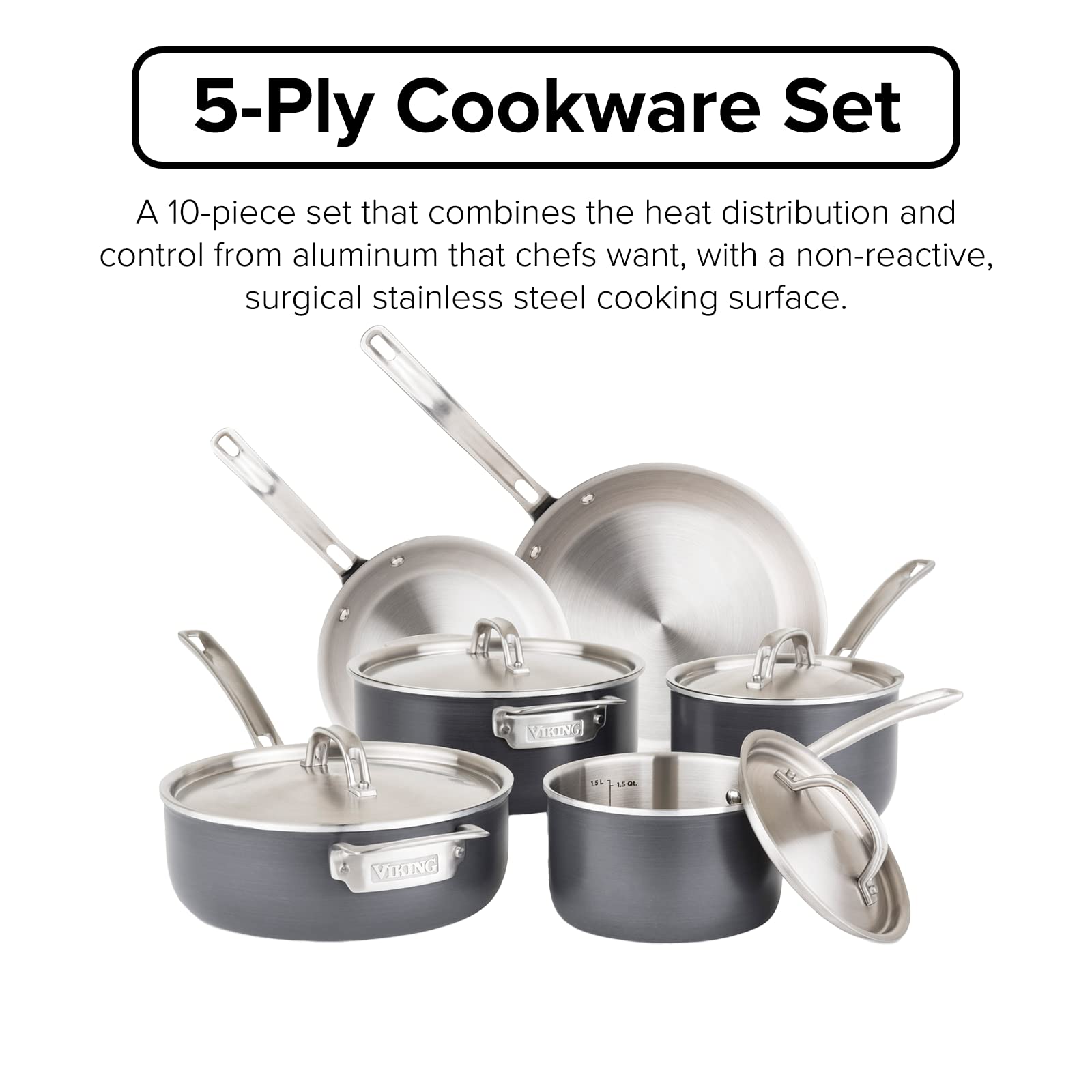 Viking Culinary 5-Ply Hard Stainless Cookware Set, 10 Piece, Hard Anodized Exterior, Dishwasher, Oven Safe, Works on All Cooktop