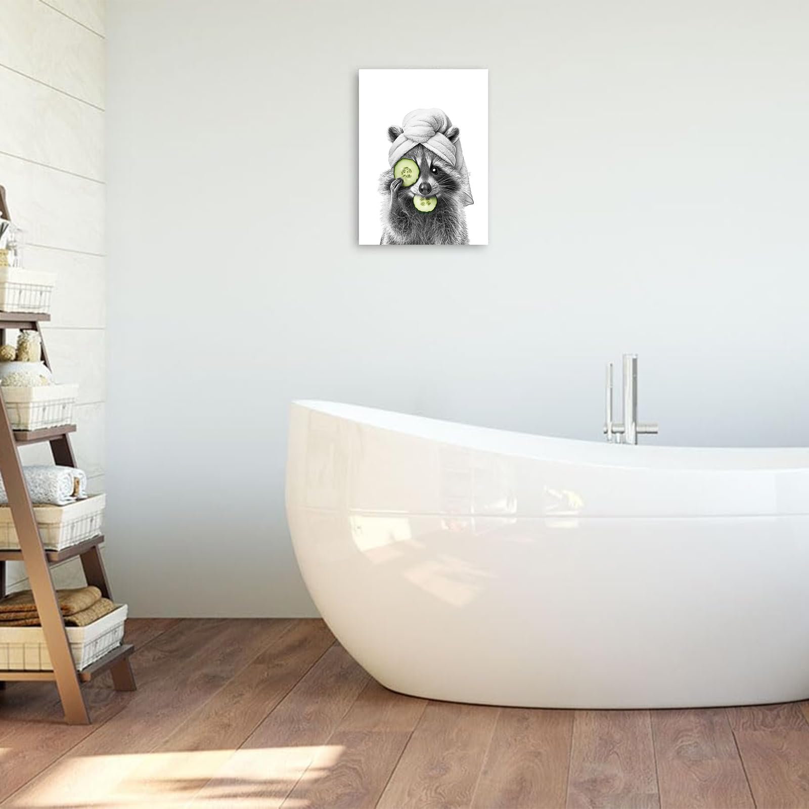 Raccoon Bathroom Decor Wall Art,Raccoon Biting Into Cucumber Slice Art Prints,Raccoon Funny Bathroom Pictures Wall Decor,Rustic