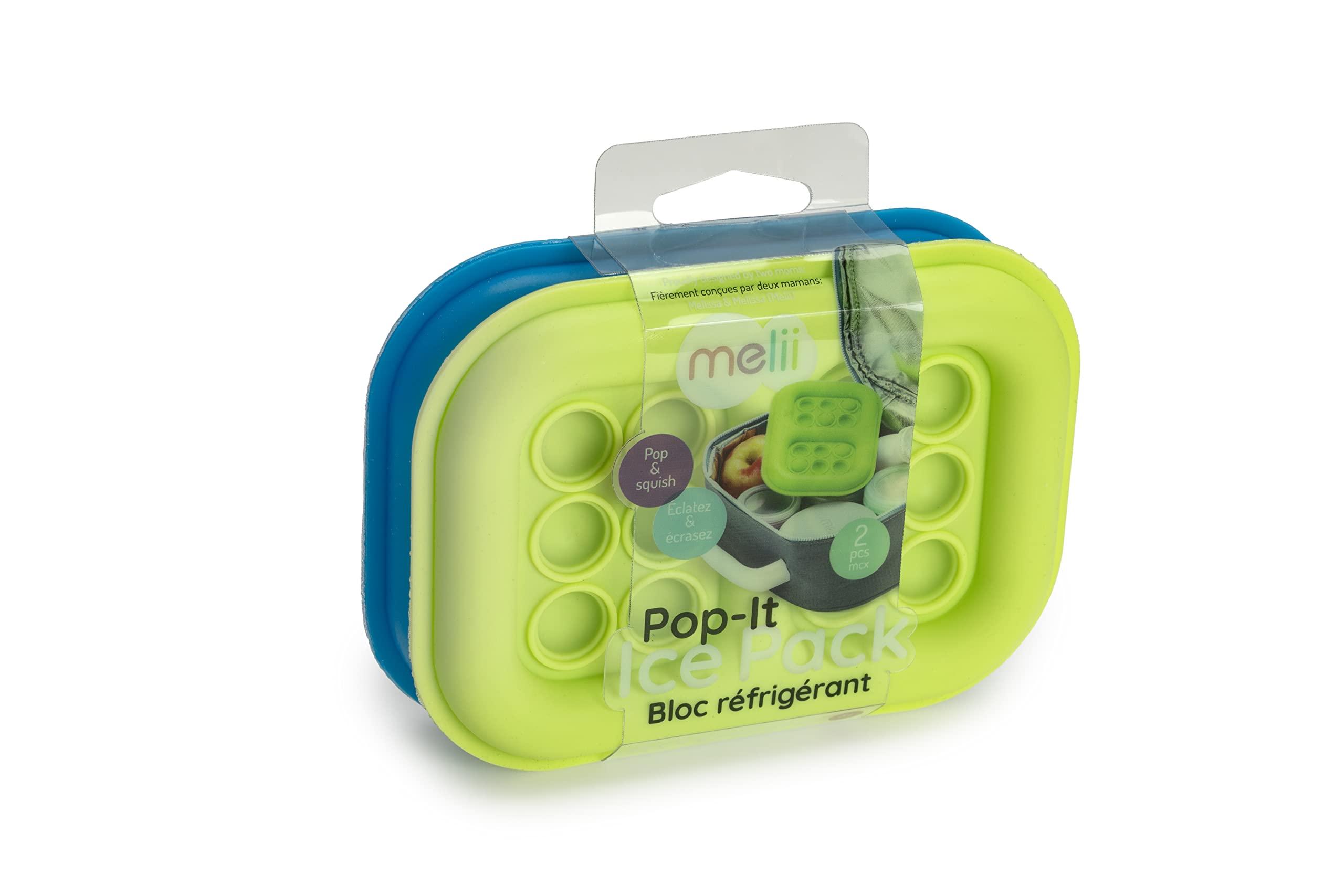 Melii Pop-It Fidget Toy Ice Pack For Kids Lunch Boxes (2 Pack, Blue & Lime)