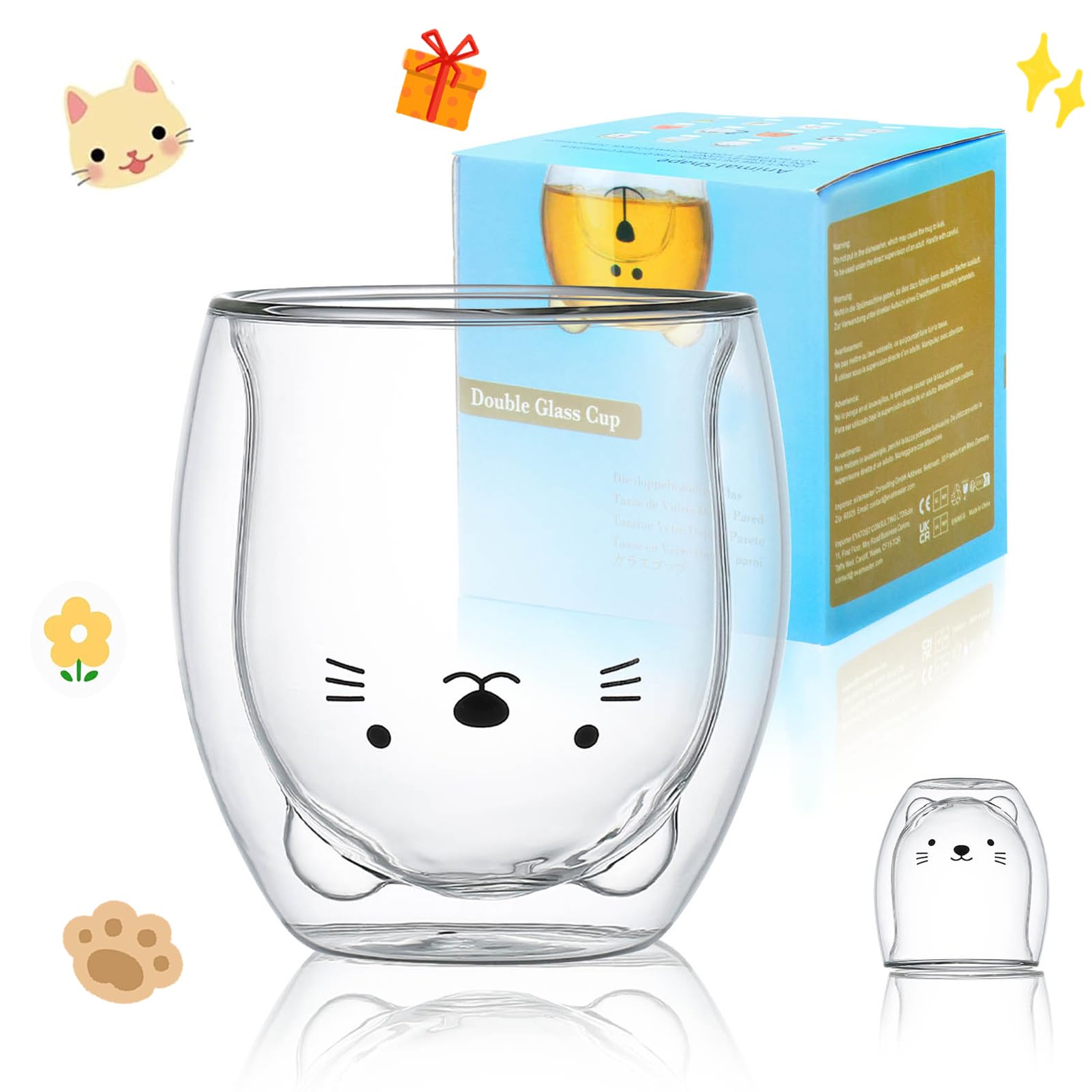 Cat Mug Cute Mugs Glass Double Wall Insulated Glass Espresso Cup, Kawaii Cup, Coffee Cup, Tea Cup, Milk Cup, Best Gift For Offic