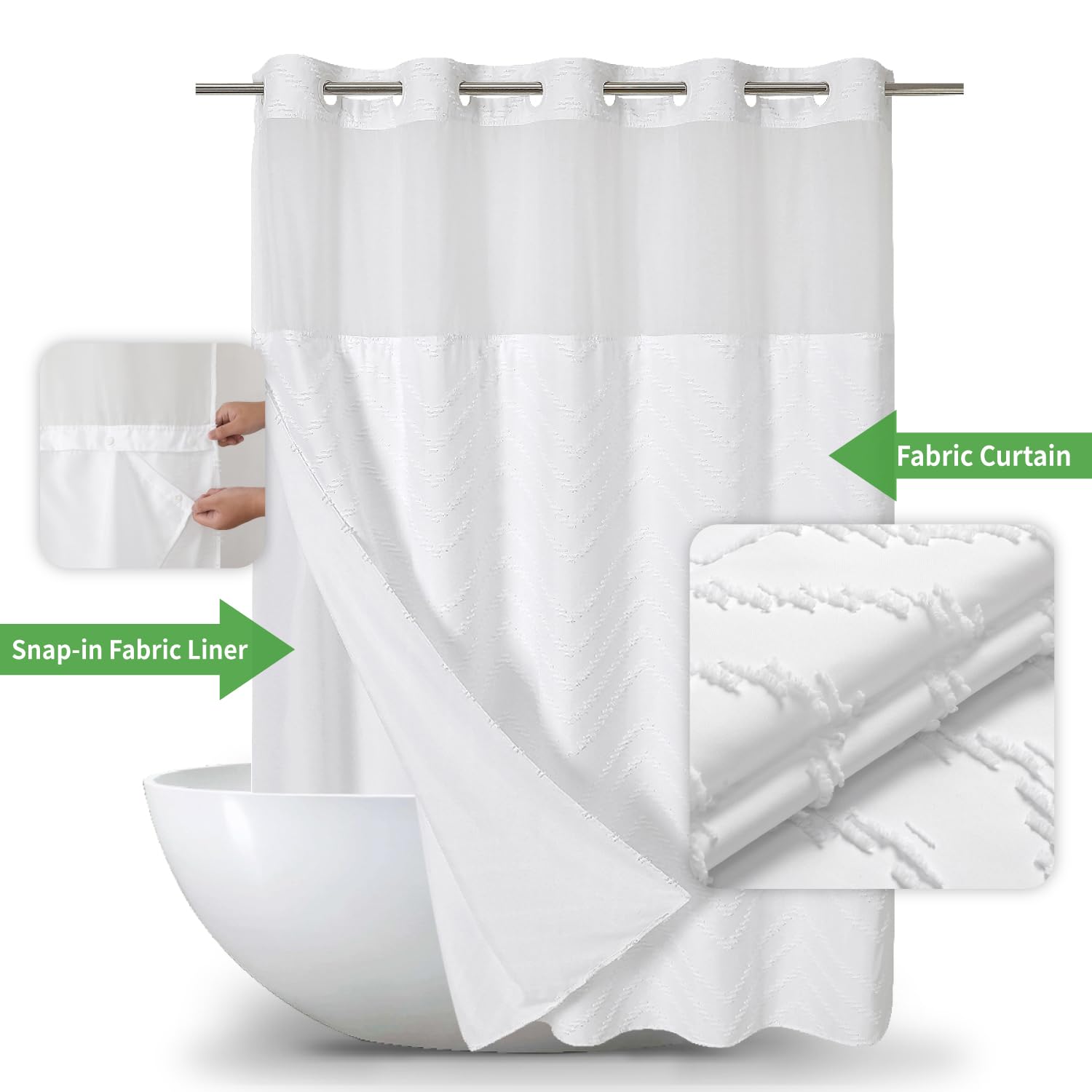 Eachope No Hook Tufted Chevron Striped Shower Curtain With Snap-In Fabric Liner Set-71Wx74H,Hotel Grade,Boho Style Waterproof Sh