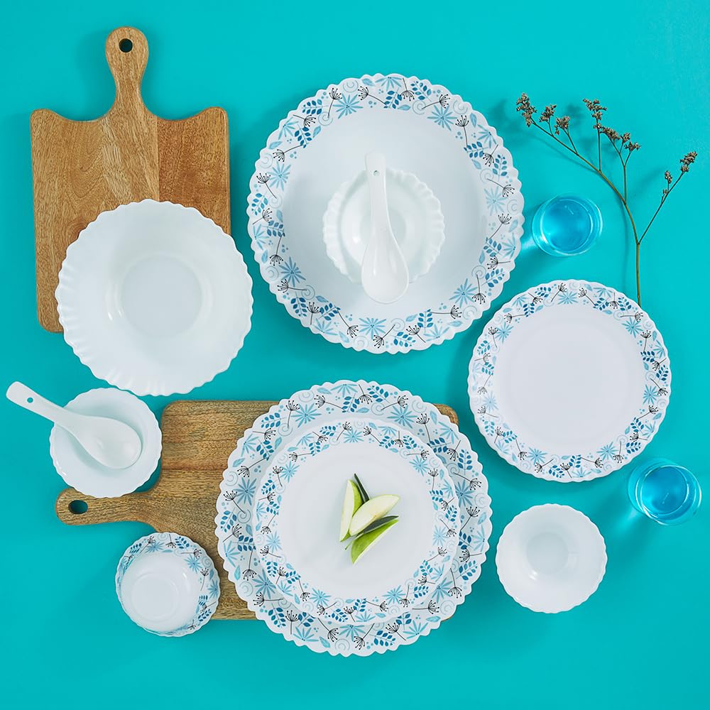 Larah By Borosil Silk Series Stardust Opalware Dinner Set | 35 Pieces For Family Of 6 | Microwave & Dishwasher Safe | Bone-Ash F