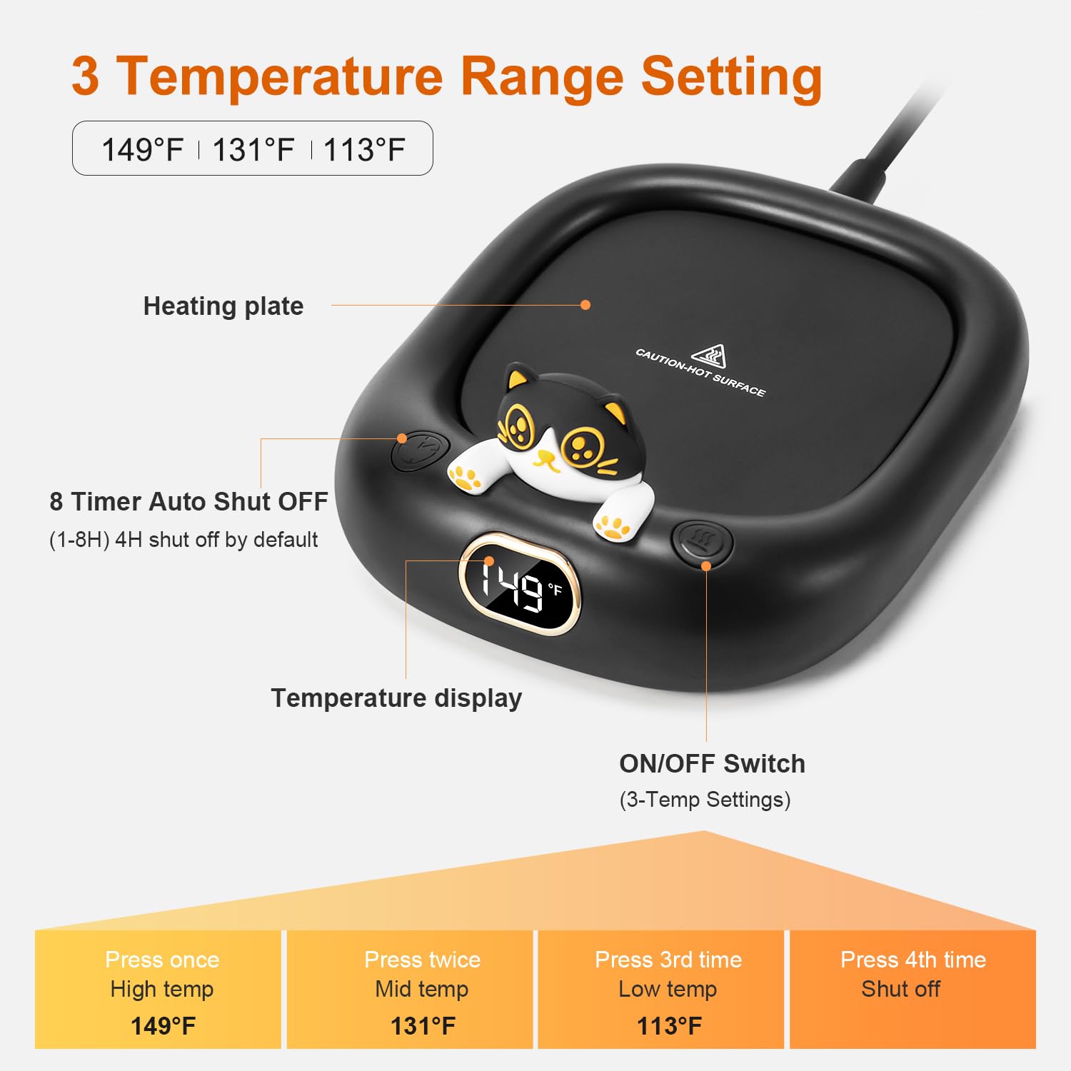 Cute Cat Coffee Mug Warmer, Electric Beverage Cup Warmer For Milk Tea Water Fit Desk Home Office, Candle Warmer Plate With 3 Tem