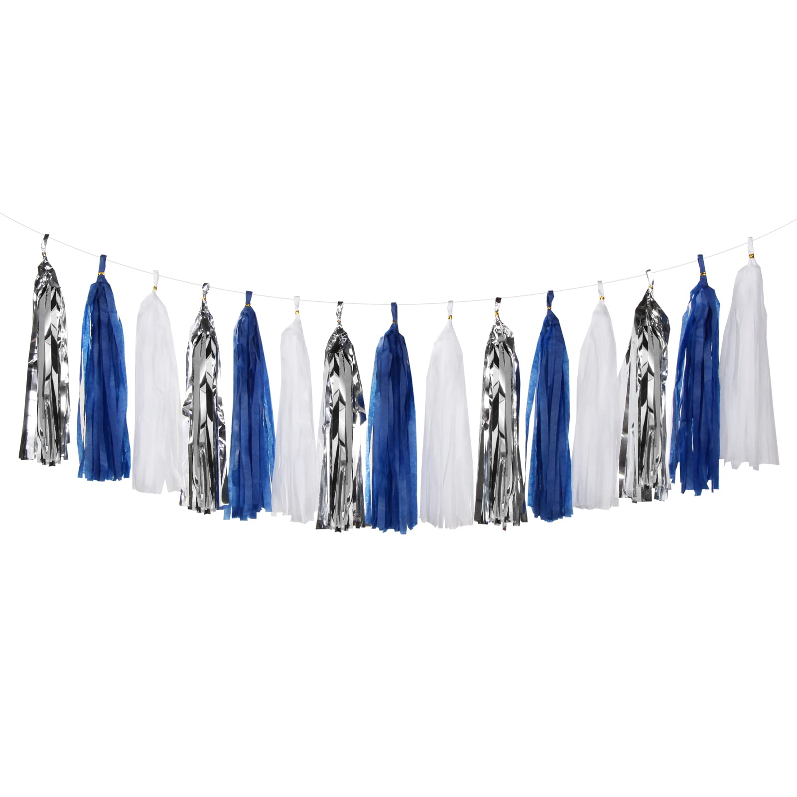 Navy-Blue White-Silver Tassel Garland Streamers - 15pcs Party Decorations Tissue Paper Tassels Banner,Graduation 2025 Wedding Ba