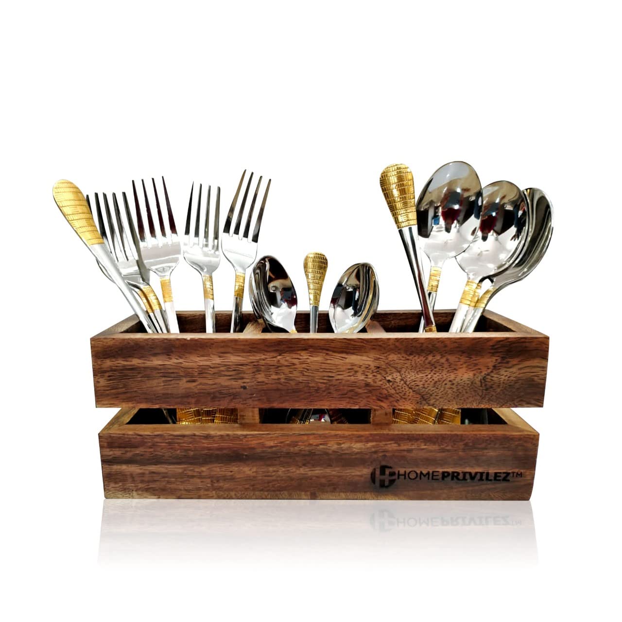 Nora Karat Like Gold Plated Cutlery Set With Handcrafted Wooden Stand  18Pcs | Or | Kanak Masala Box/Spice Box/Storage/Organis