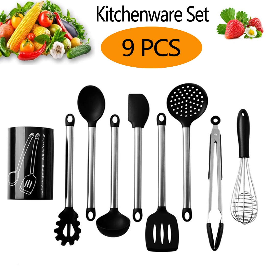 Hoshen 9-Piece Silicone Cookware Set Kitchen Utensils, Non-Stick Heat-Resistant Silicone, Stainless Steel Handle - Black