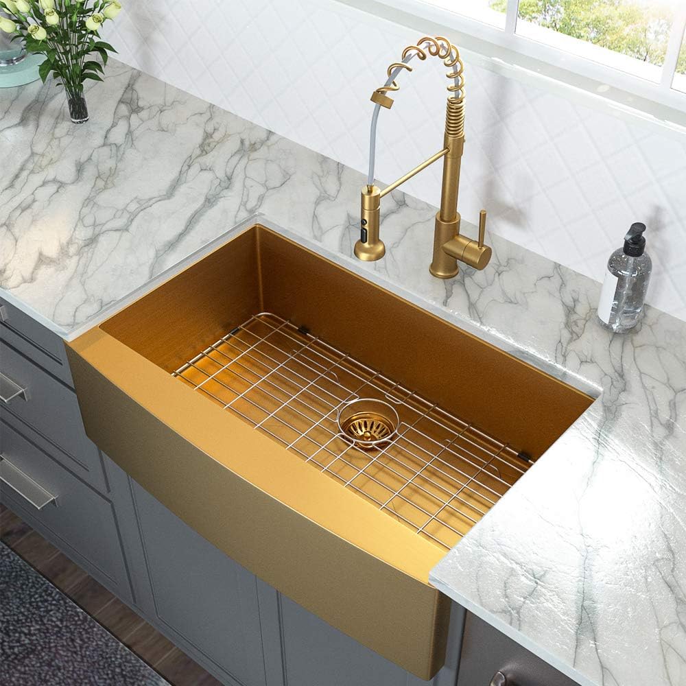 Lordear Gold Farmhouse Sink 36 Inch Kitchen Sink Apron Front 16 Gauge Matte Gold Stainless Steel Deep Single Bowl Farm Sinks Bas