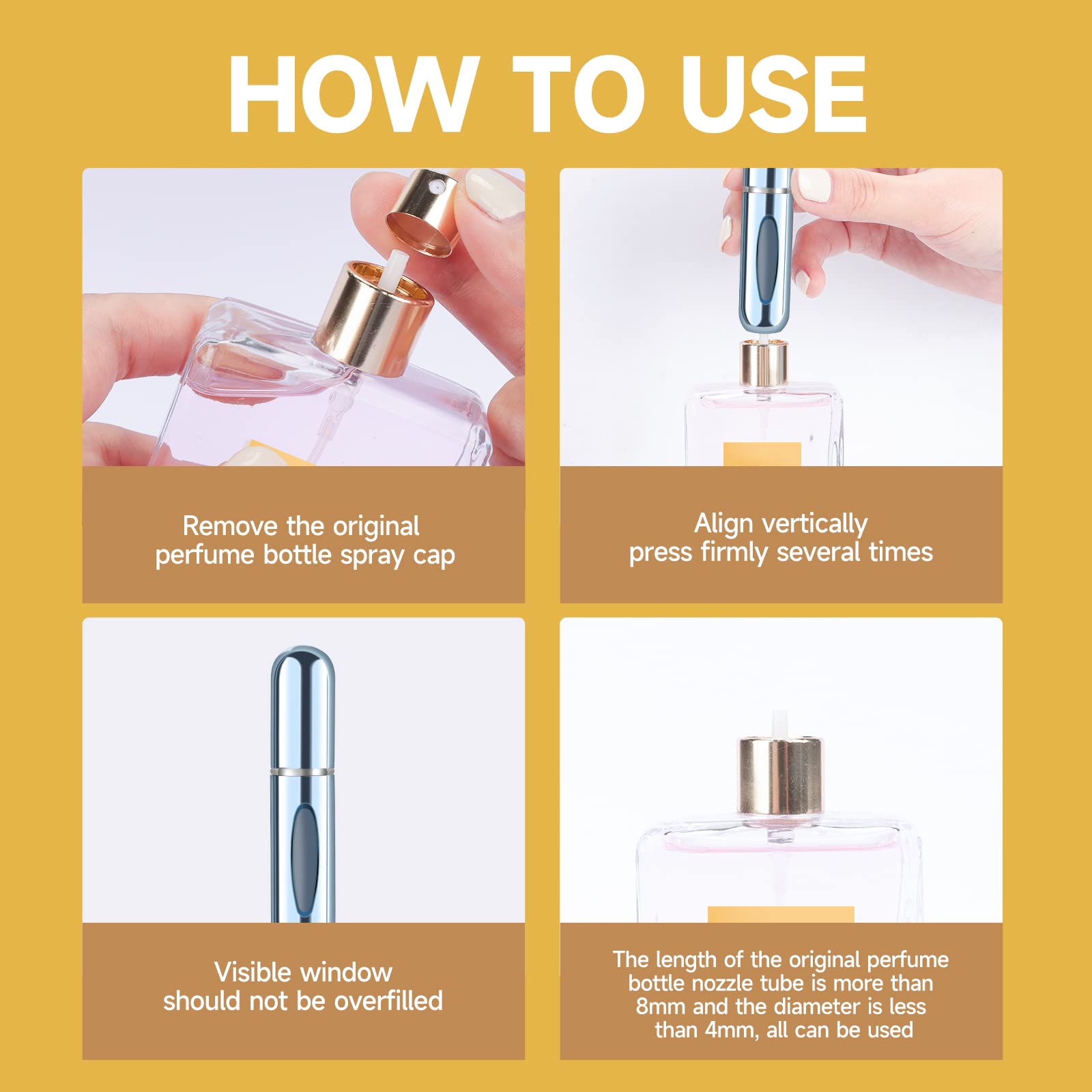 Yamadura Portable Mini Refillable Perfume Atomizer - 5ml Travel Spray Bottle, 4 Pack in Pink, Gold, Blue, Silver