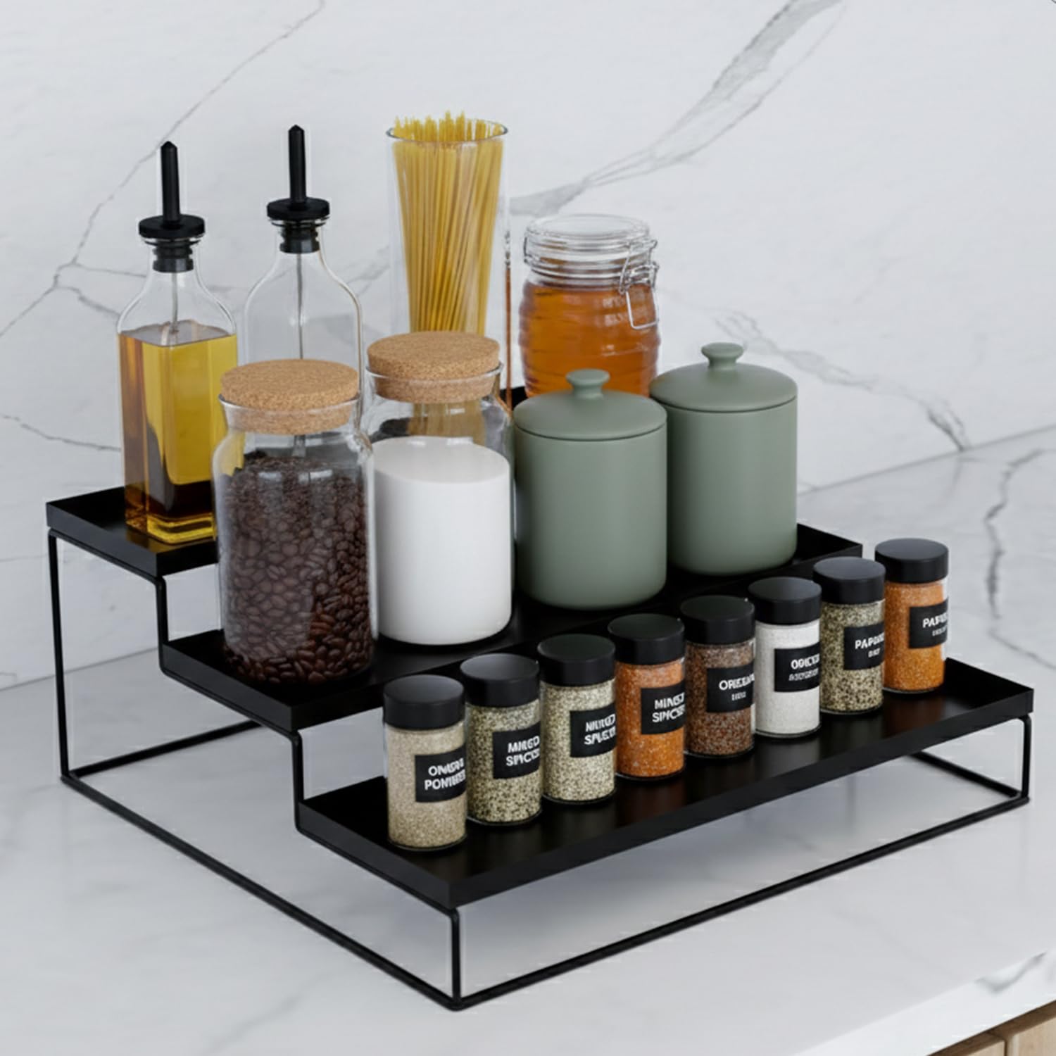 Zureni 3 Tier Countertop Organizer Spice Rack Multipurpose Stand And Jar & Bottles Holder For Pantry Kitchen Accessories (Black,