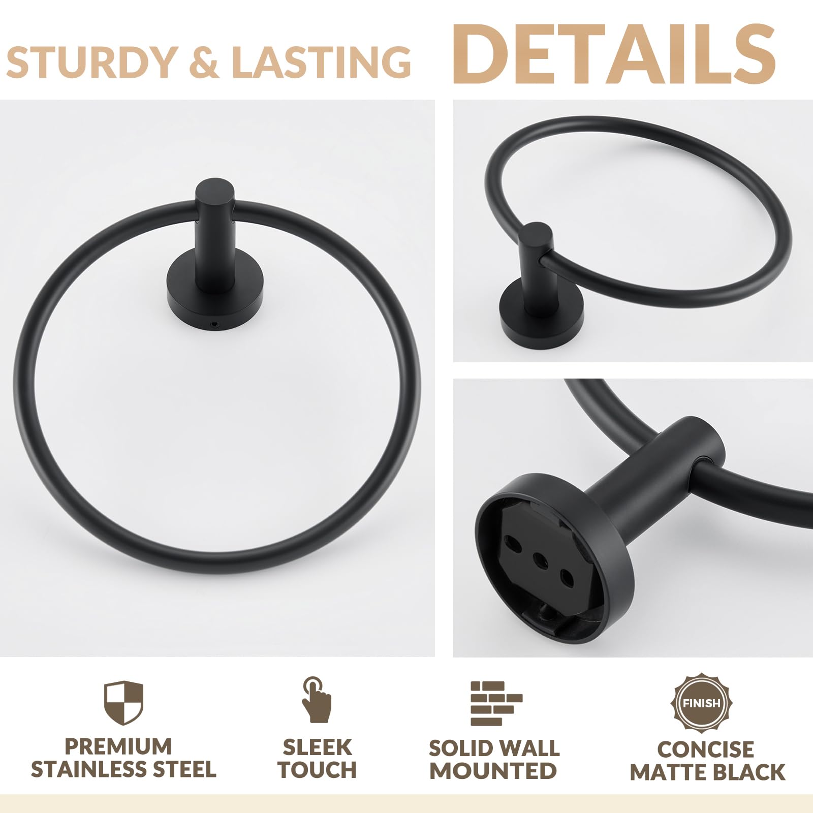 APLusee Matte Black Towel Ring  Stainless Steel Hand Towel Holder  Bathroom Towel Rack  Round Towel Hanger  Storage Hardware Wall Mounted