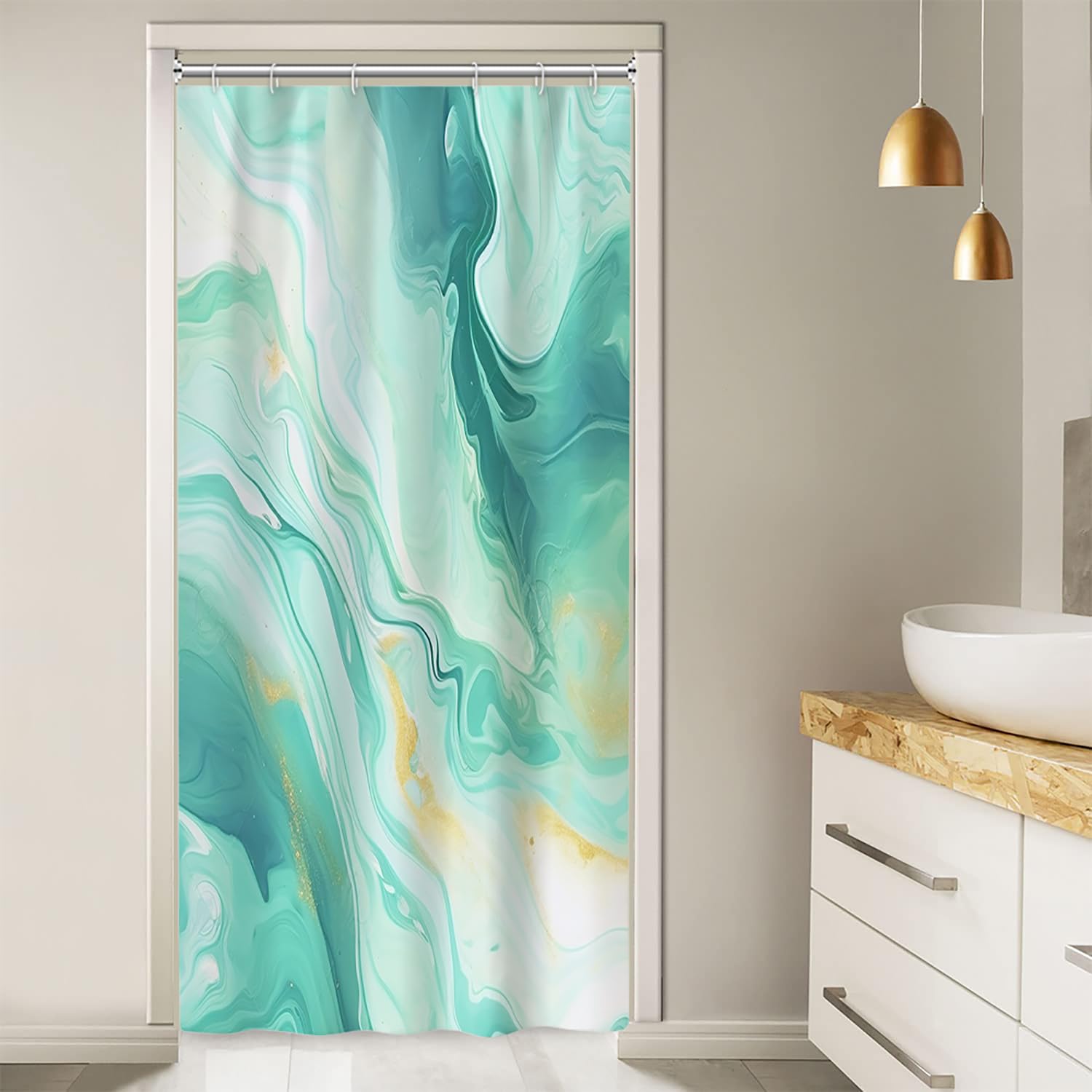 Ruelvth Stall Shower Curtain, Turquoise Marble Small Bathroom Curtain Abstract Modern Ink Texture Narrow Rv Shower Curtain Set W