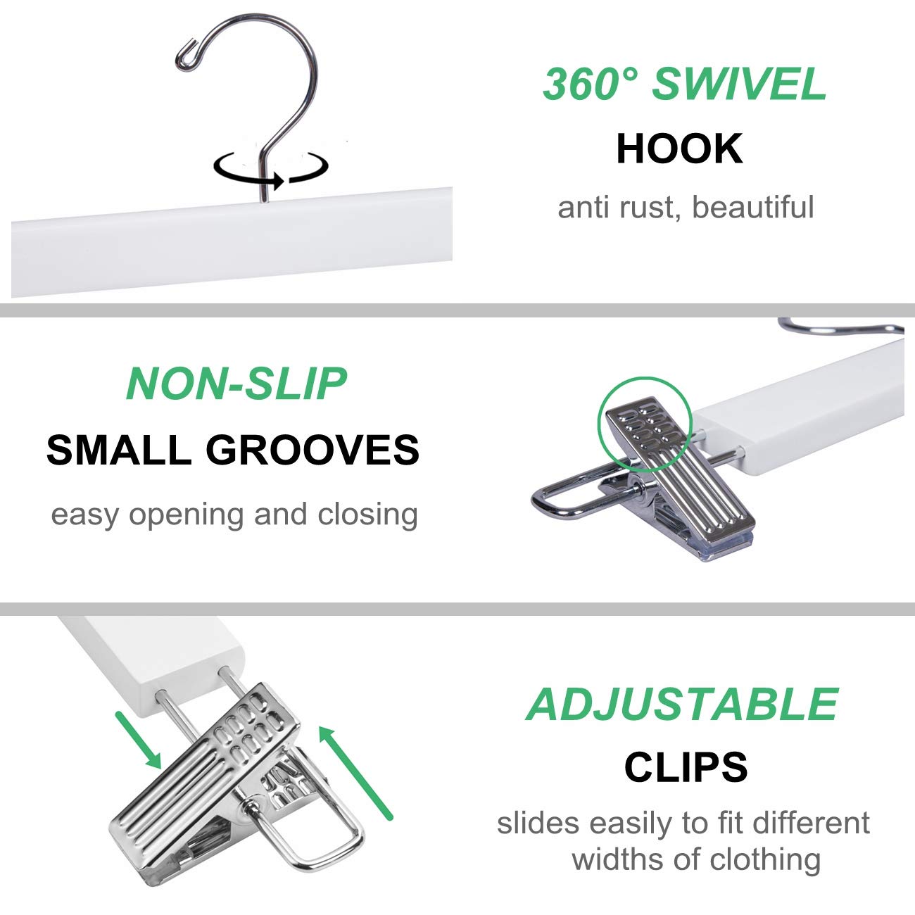 Amber Home 14.17'' Solid White Wooden Pant Skirt Hangers 10 Pack, Bottom Hangers For Slacks Trousers Jeans With 2-Adjustable Ant