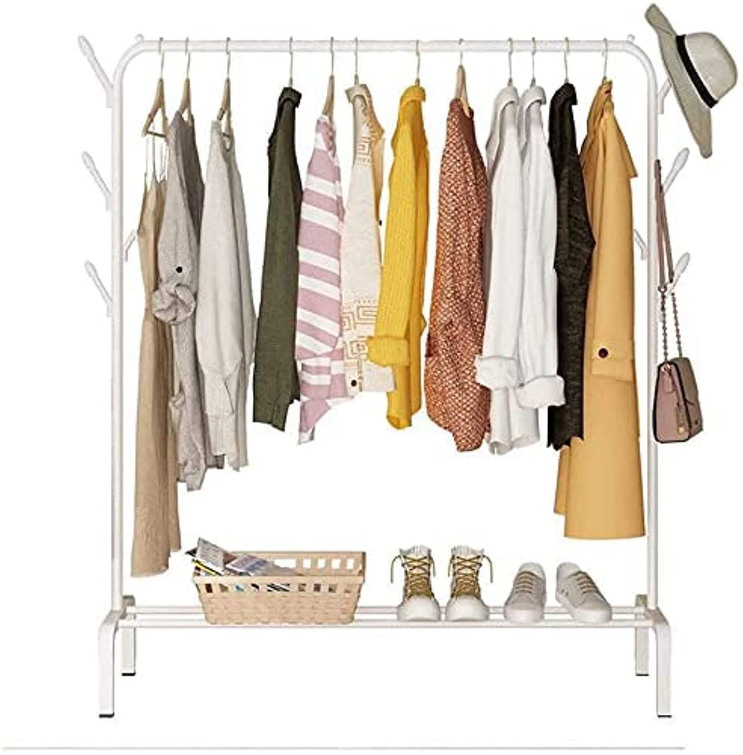 Lukzer Metal Single Garment Stand With Bottom Shelves Clothes Storage Organizer 4 Hooks Coat Rack (White, 40 X 110 X 148 Cm/Mgs-