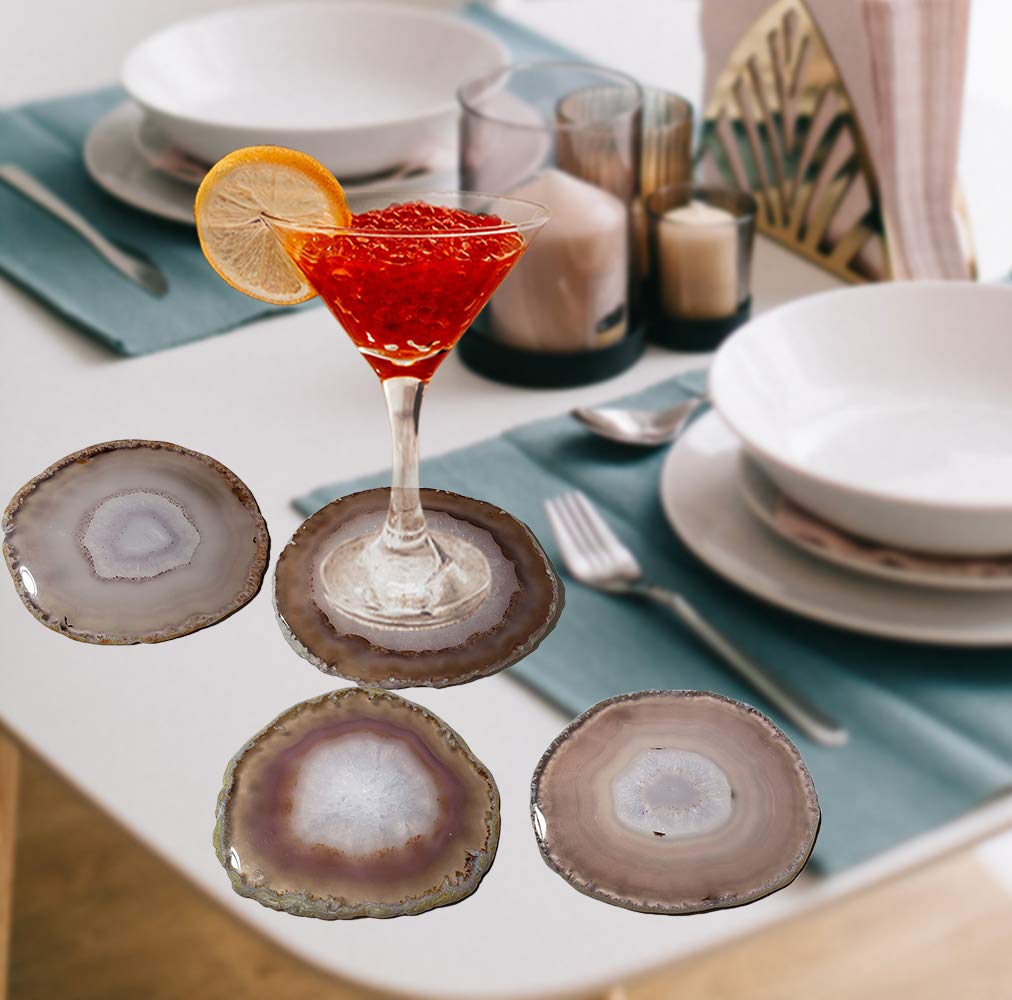 AMOYSTONE Natural Geode Coasters Agate Stone Coasters for Drinks Crystal Quartz Coaster Set of 4 Nature Borwn Rock Coasters 3-3.5''
