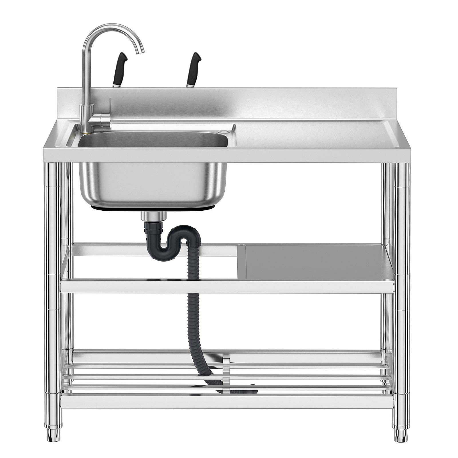 Free Standing Stainless-Steel Single Bowl Commercial Restaurant Kitchen Sink Set W/Faucet & Drainboard, Prep & Utility Washing H