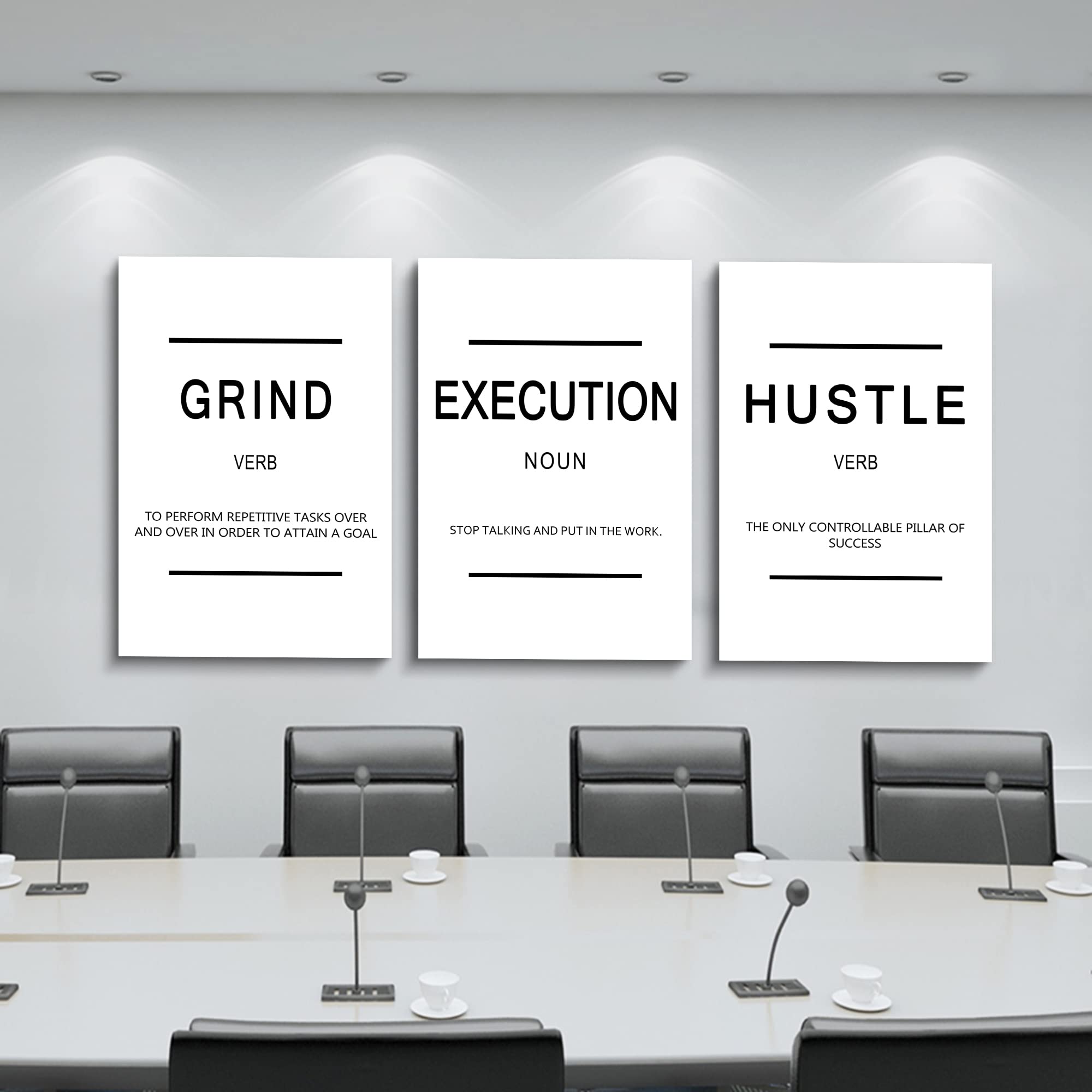 Framed Canvas Wall Art Success Quote - Office Wall Art, White Large Poster, Positive Motivational Set Of 3 Prints, Execute Grand
