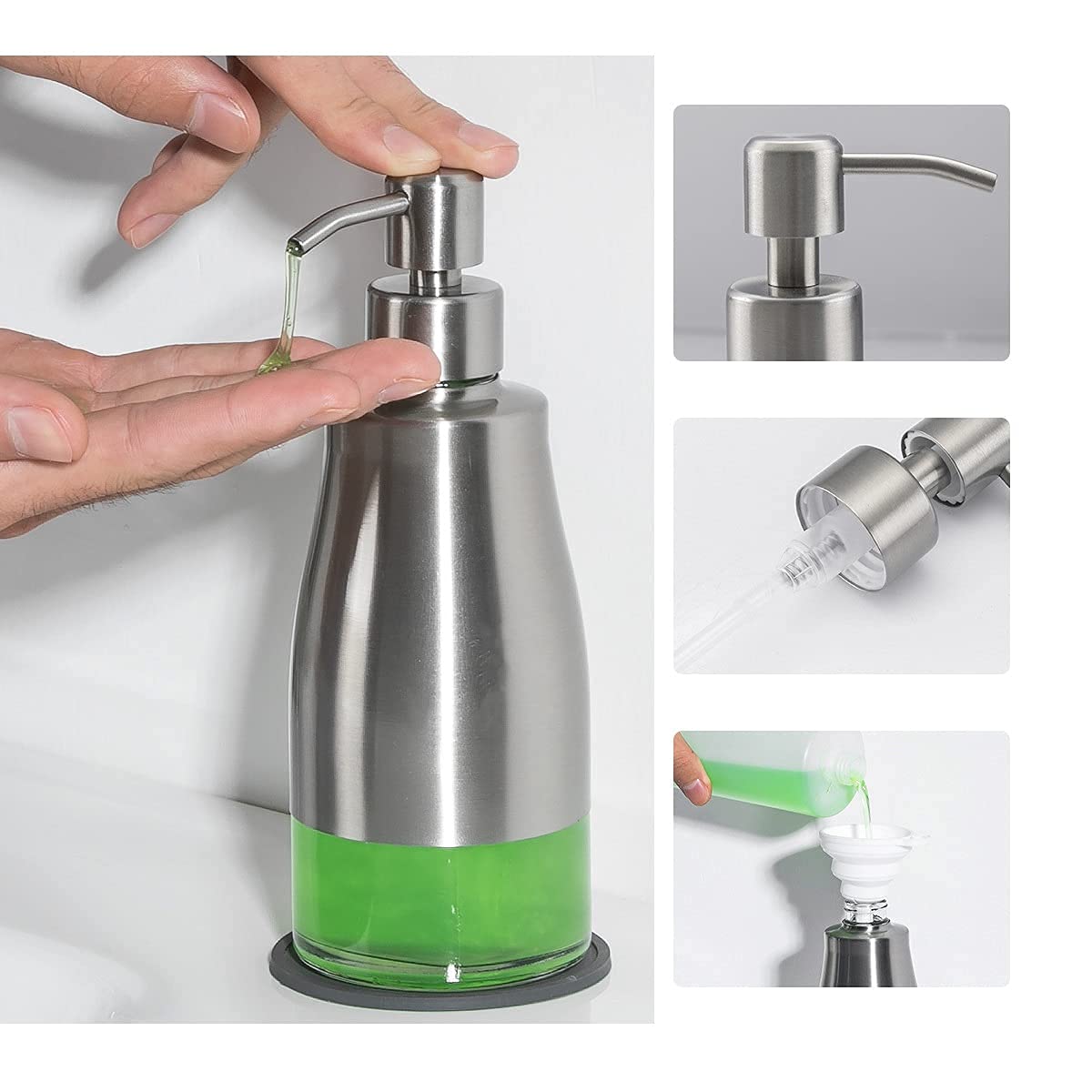 Gaussra Soap Dispenser With Coaster And Stickers, Brushed Nickel Stainless Steel Case Glass Liner Hand Pump Dispenser, Refillabl