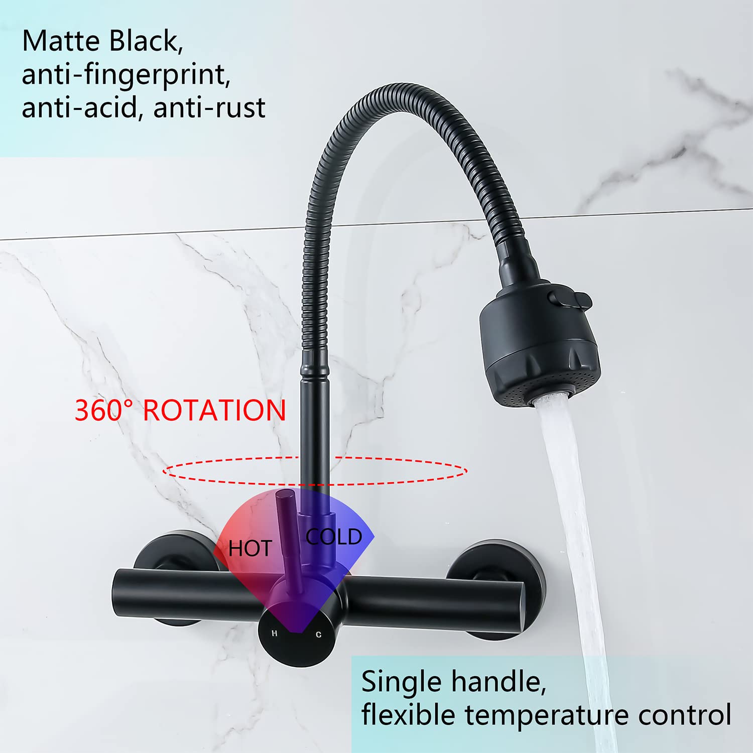Zhyich Kitchen Sink Faucet Wall Mount With Sprayer, Stainless Steel Mixer Tap, Matte Black Finish, Nsf And Lead-Free Certified F