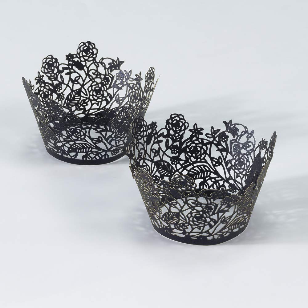 Yozatia 60Pcs Black Rose Lace Cupcake Wrappers Holders, Laser Cut Cupcake Liners Decorative Liners For Wedding Party Birthday Ca