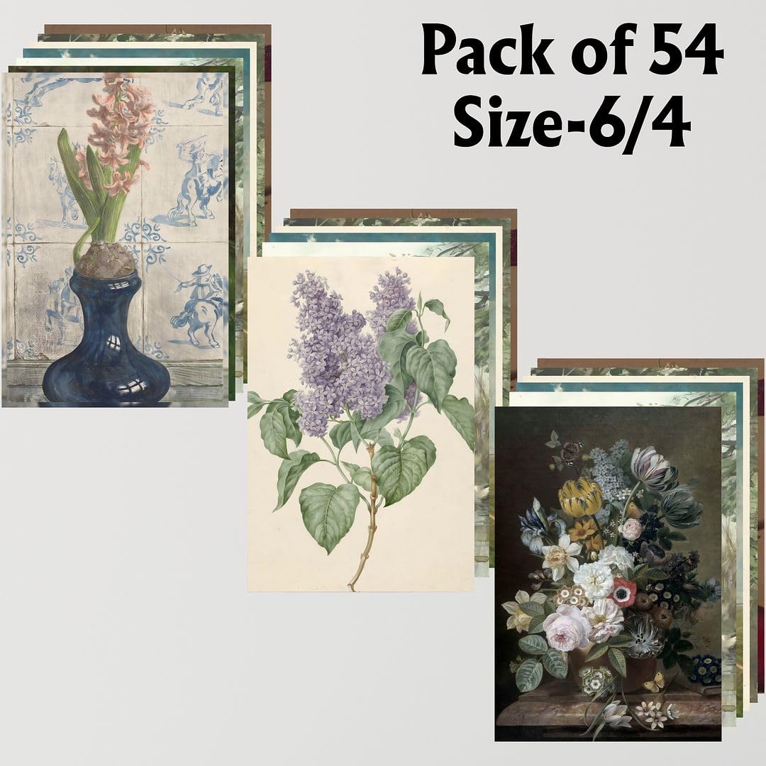 Cvanu Set Of 54 Botanical Art Aesthetic Picture Printed On Poster Wall Collage Kit With Glue Dot Tape For Wall Decor (6Inchx4Inc